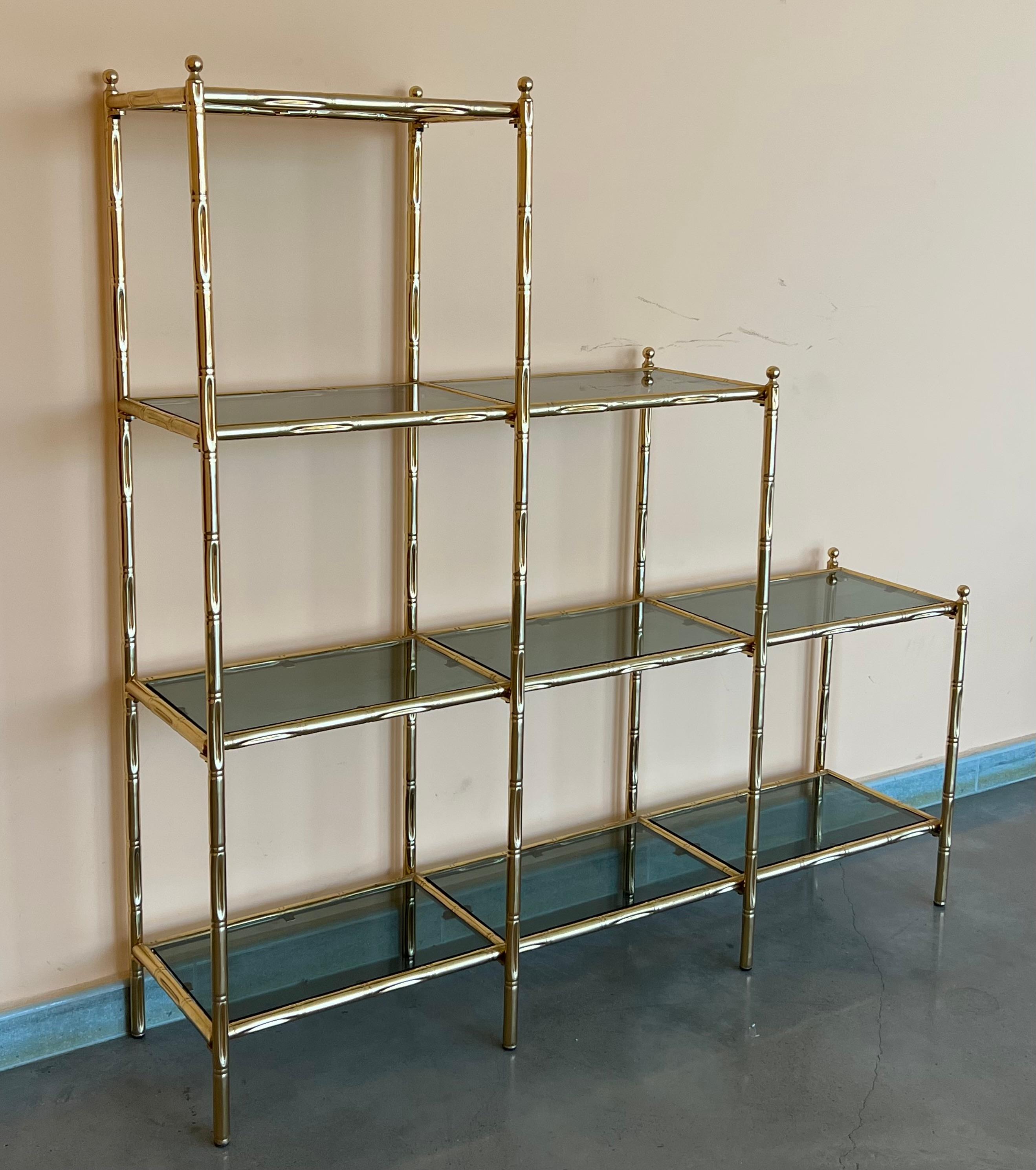 20th Century Mid-Century Modern Faux Bamboo Brass Etagere with Stair Form and Smoked Glass For Sale