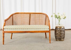Mid-Century Modern Faux Bamboo Caned Settee Loveseat