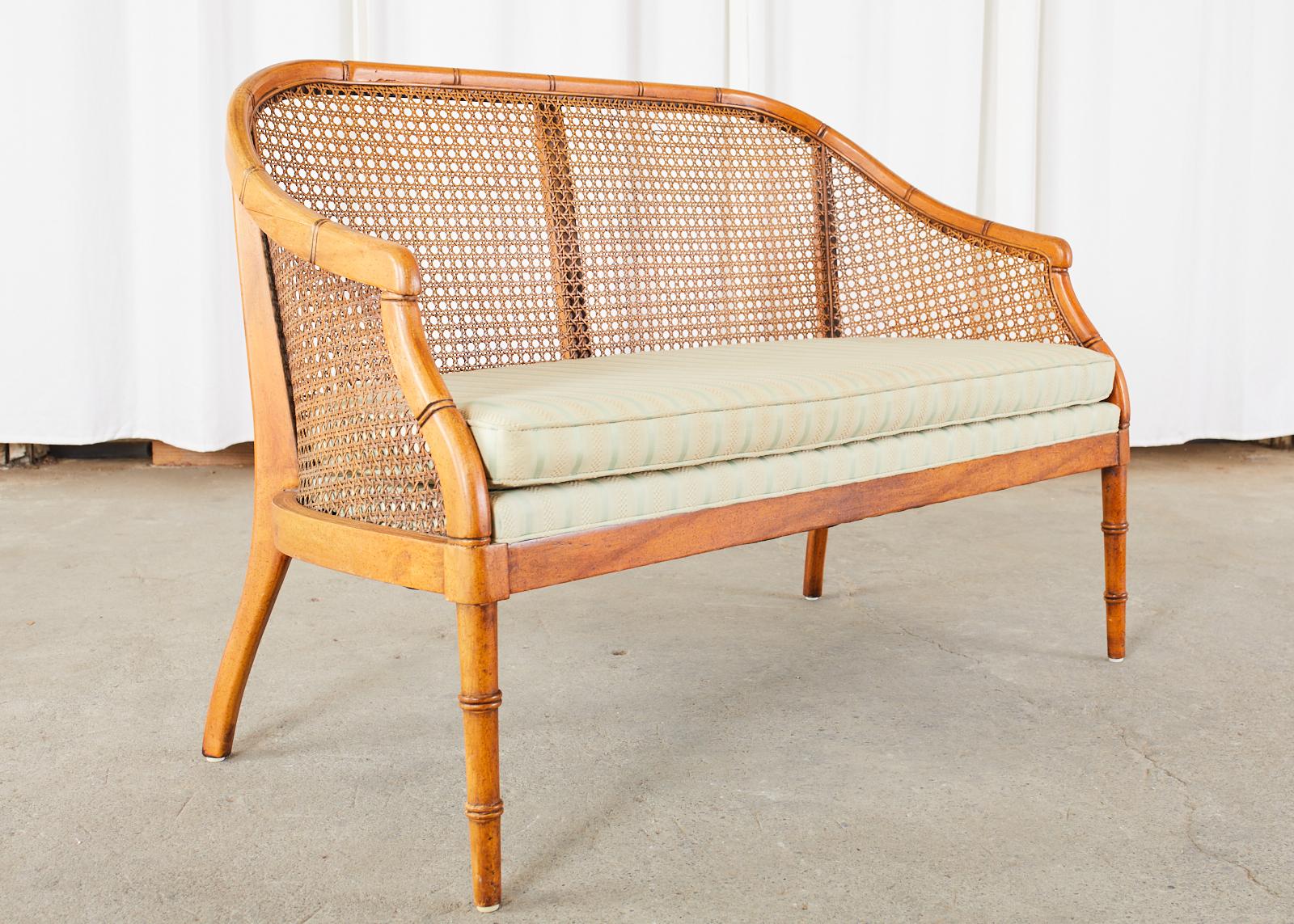 Mid-Century Modern Faux Bamboo Caned Settee Loveseat In Good Condition In Rio Vista, CA