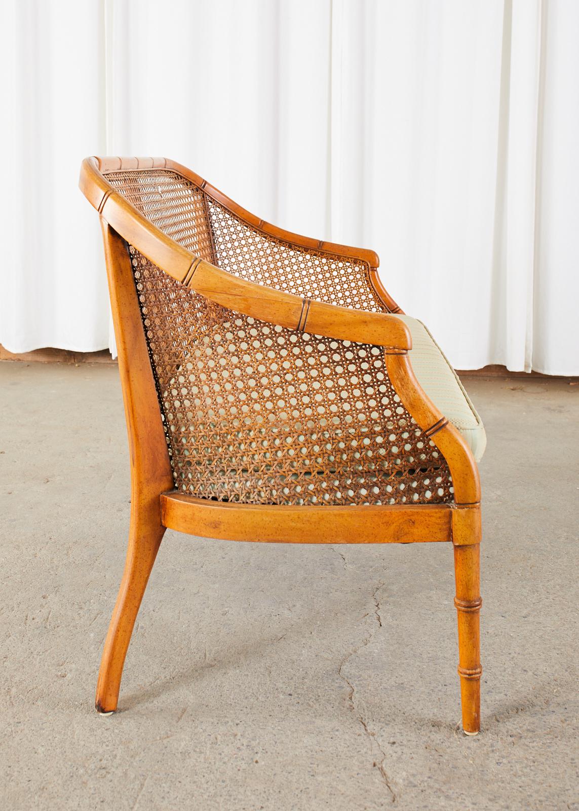 Fabric Mid-Century Modern Faux Bamboo Caned Settee Loveseat