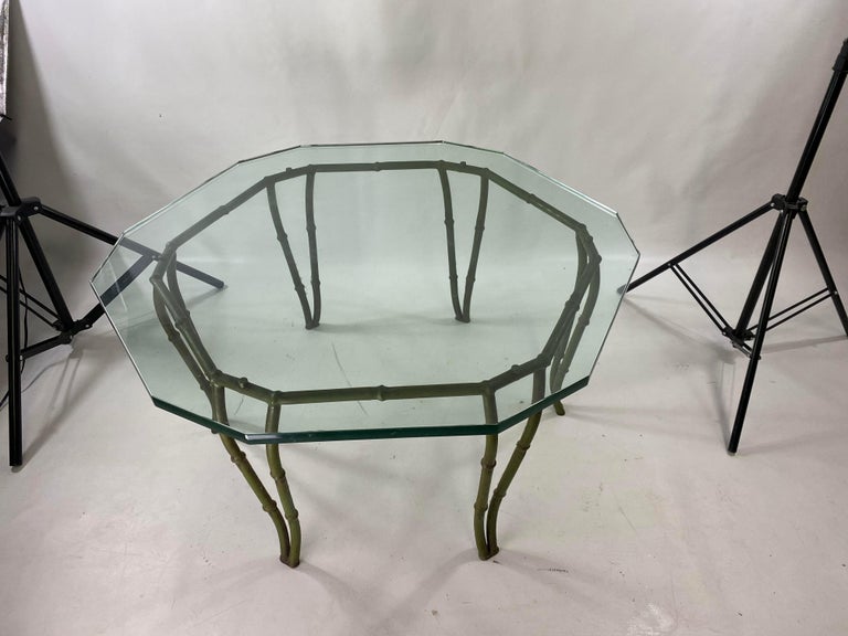 MidCentury Modern Faux Bamboo Cast Iron Glass Top Coffee Table For