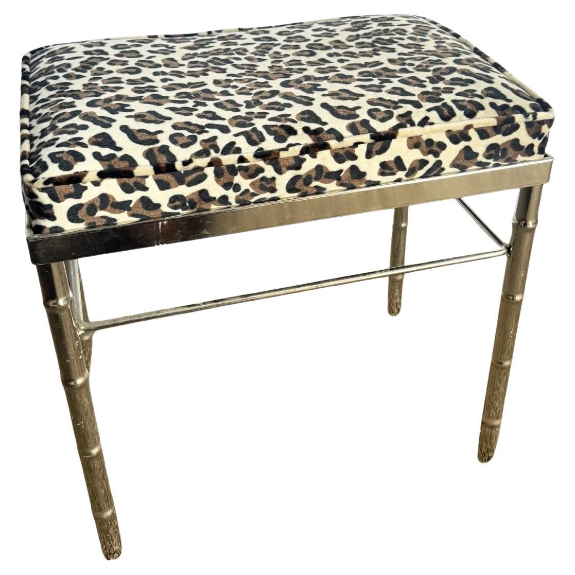 Mid Century Modern Faux Bamboo Chrome Leopard Print Low Stool