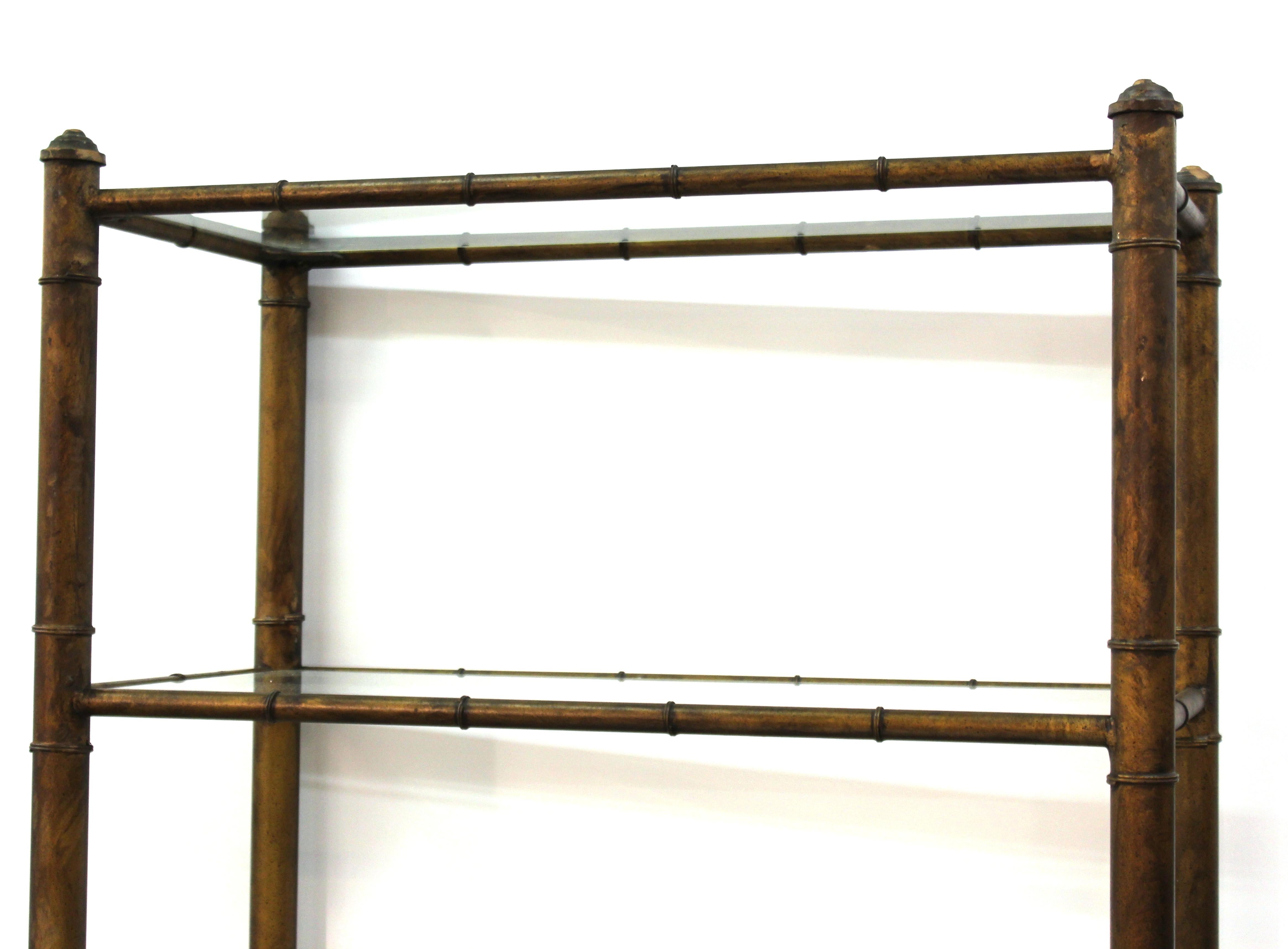 American Mid-Century Modern Faux Bamboo Etagere with 4 Glass Shelves and 2 Lucite Shelves