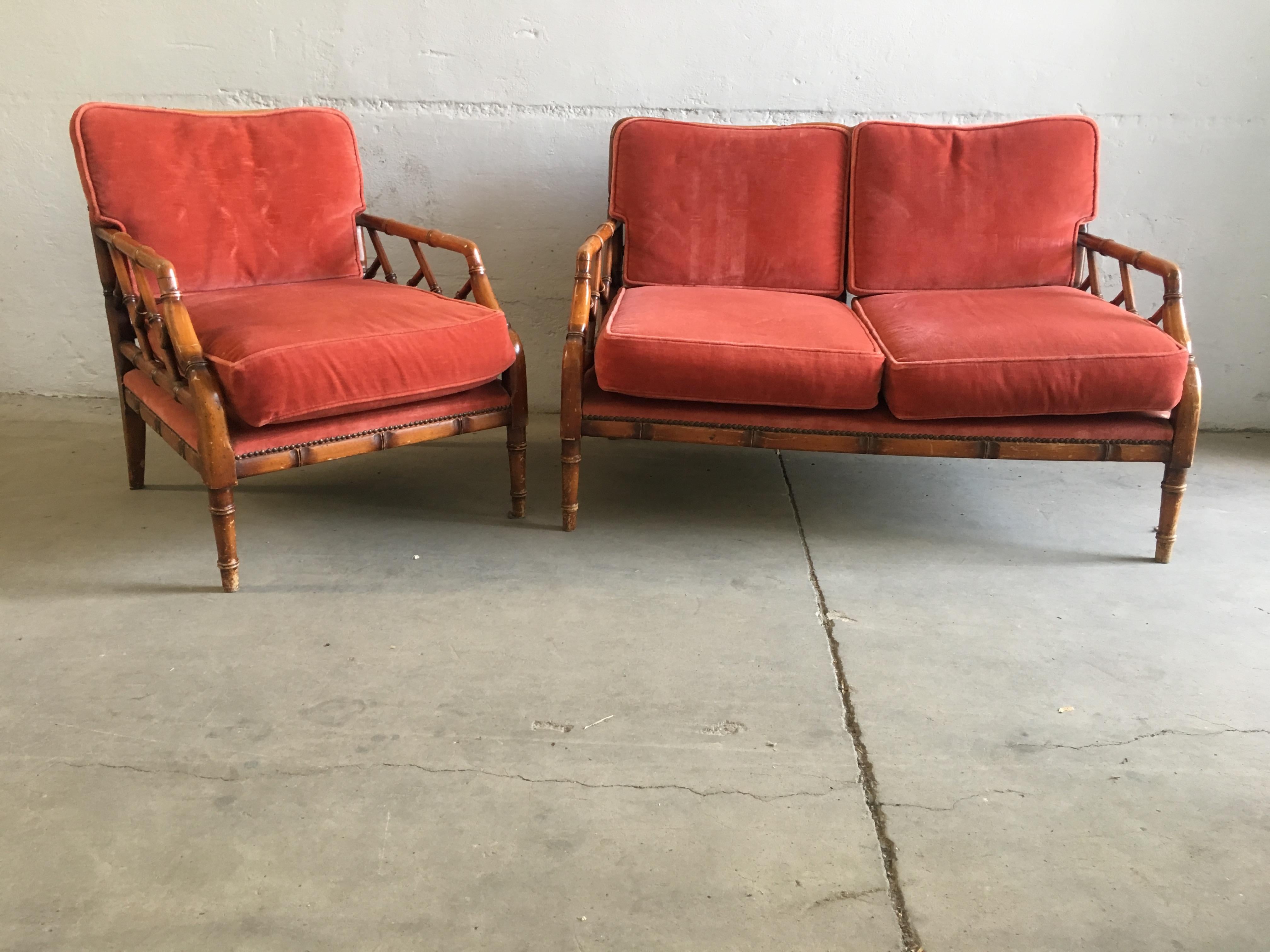 Mid-Century Modern Italian faux bamboo living room set with original velvet upholstery.
The set consists of one two-seat sofa and one armchair
Measurements:
Sofa length cm.115, width cm.65, height cm.77 (seat height cm.44)
Armchair length cm.63,