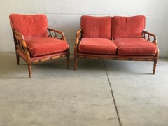 Set da salotto in bambù finto moderno di metà secolo con cuscini originali, anni '60