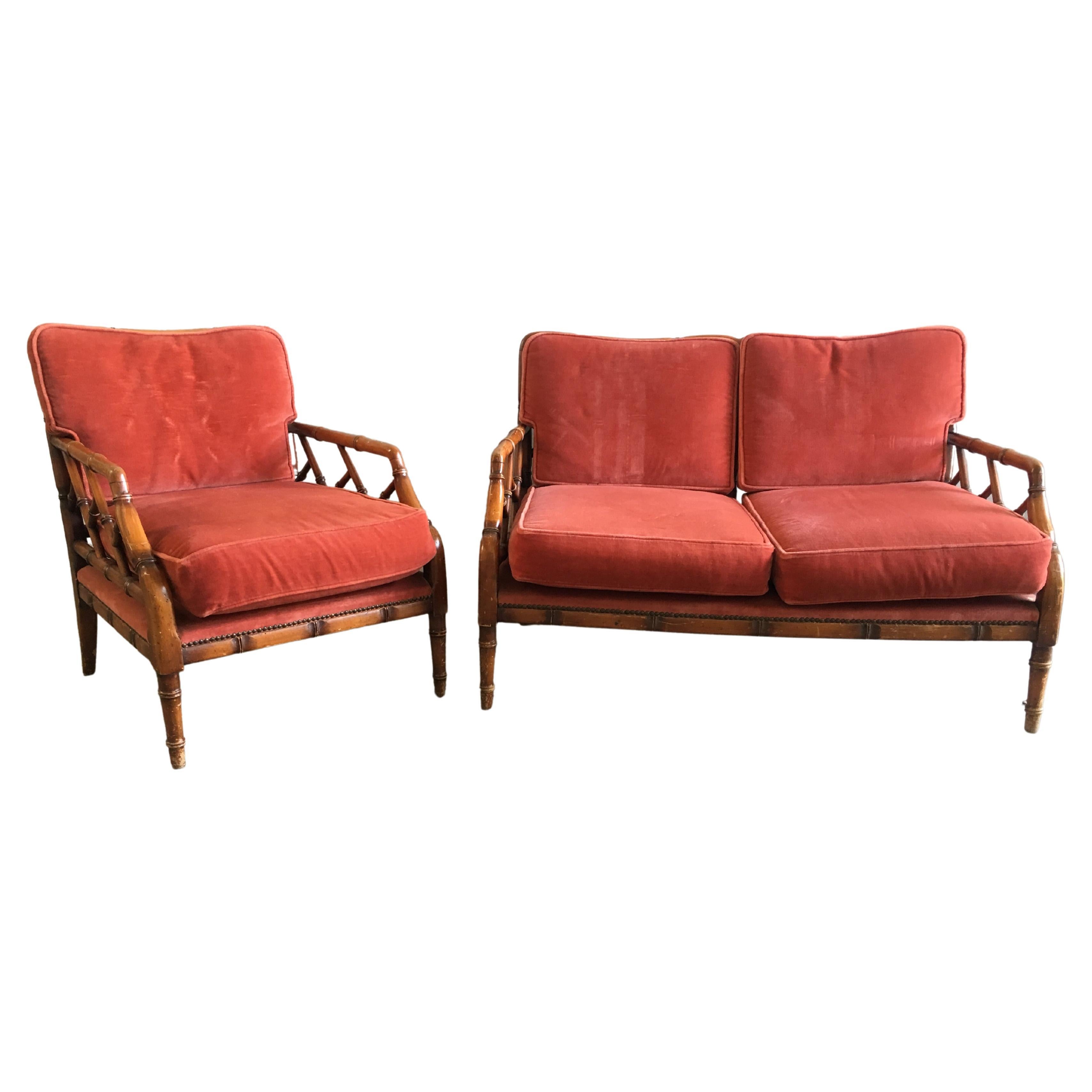 Mid-Century Modern Faux Bamboo Living Room Set with its Original Cushions, 1960s For Sale