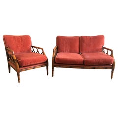 Retro Mid-Century Modern Faux Bamboo Living Room Set with its Original Cushions, 1960s