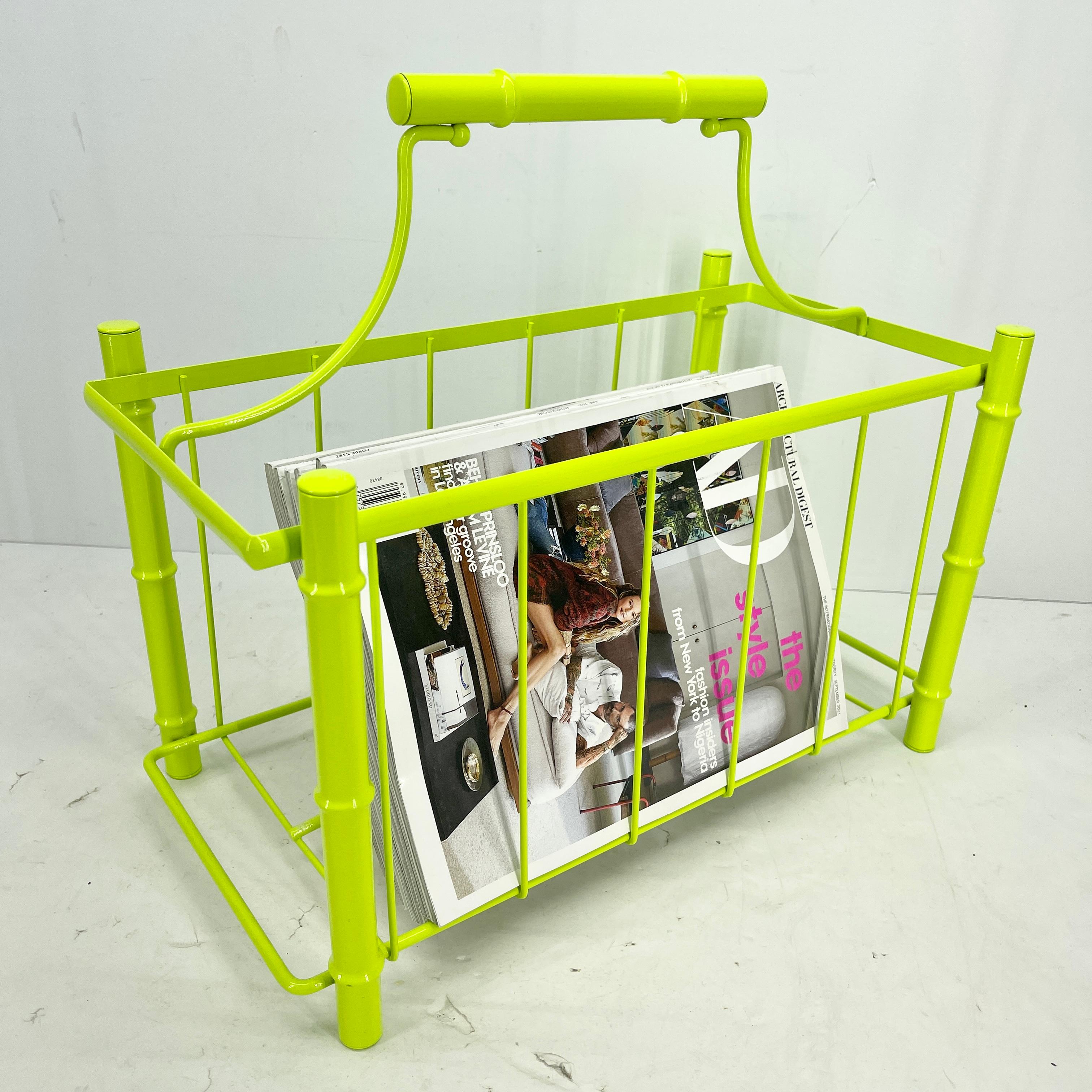 Mid-Century Modern Faux Bamboo Magazine Rack, Powder Coated Bright Chartreuse For Sale 4