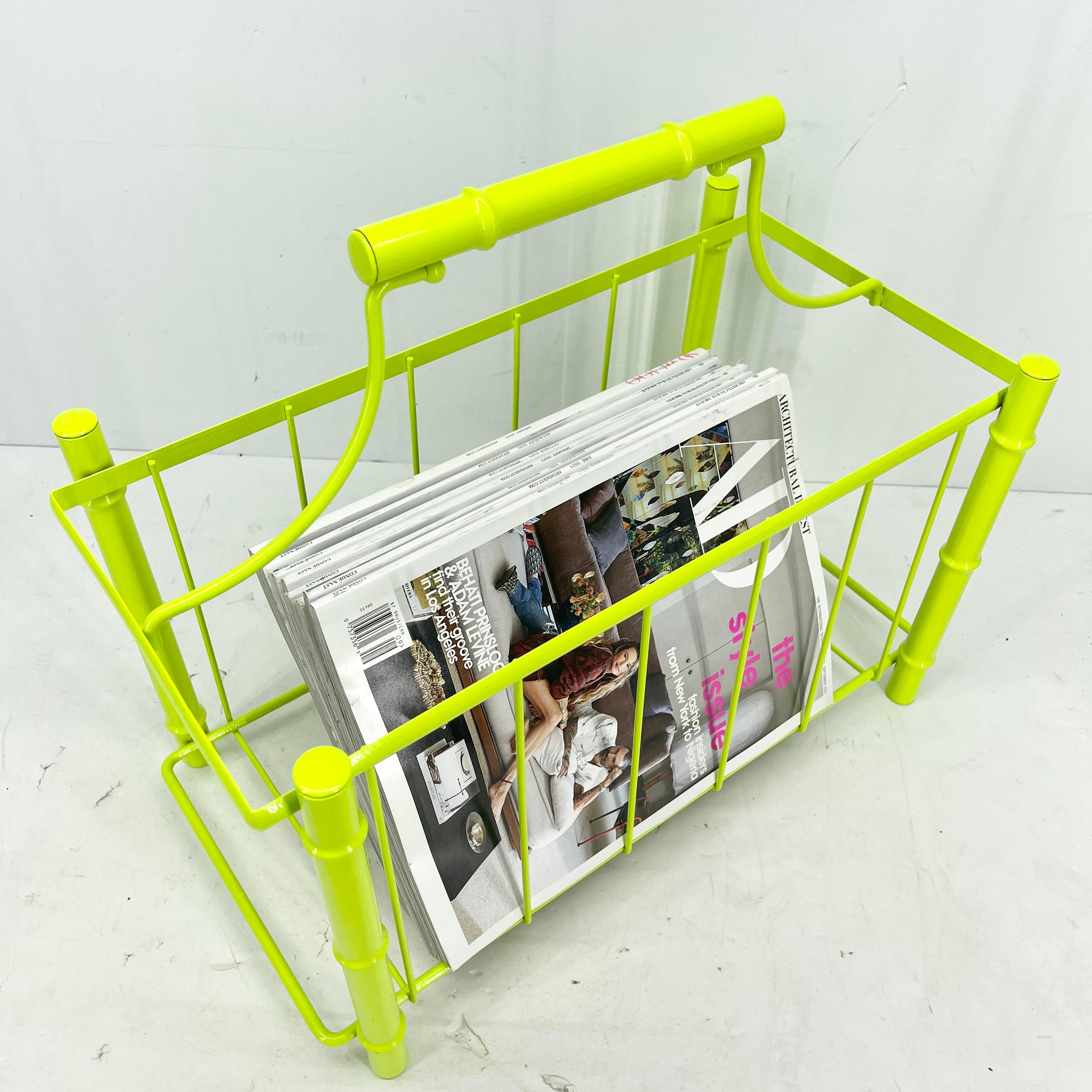 Mid-Century Modern Faux Bamboo Magazine Rack, Powder Coated Bright Chartreuse For Sale 5