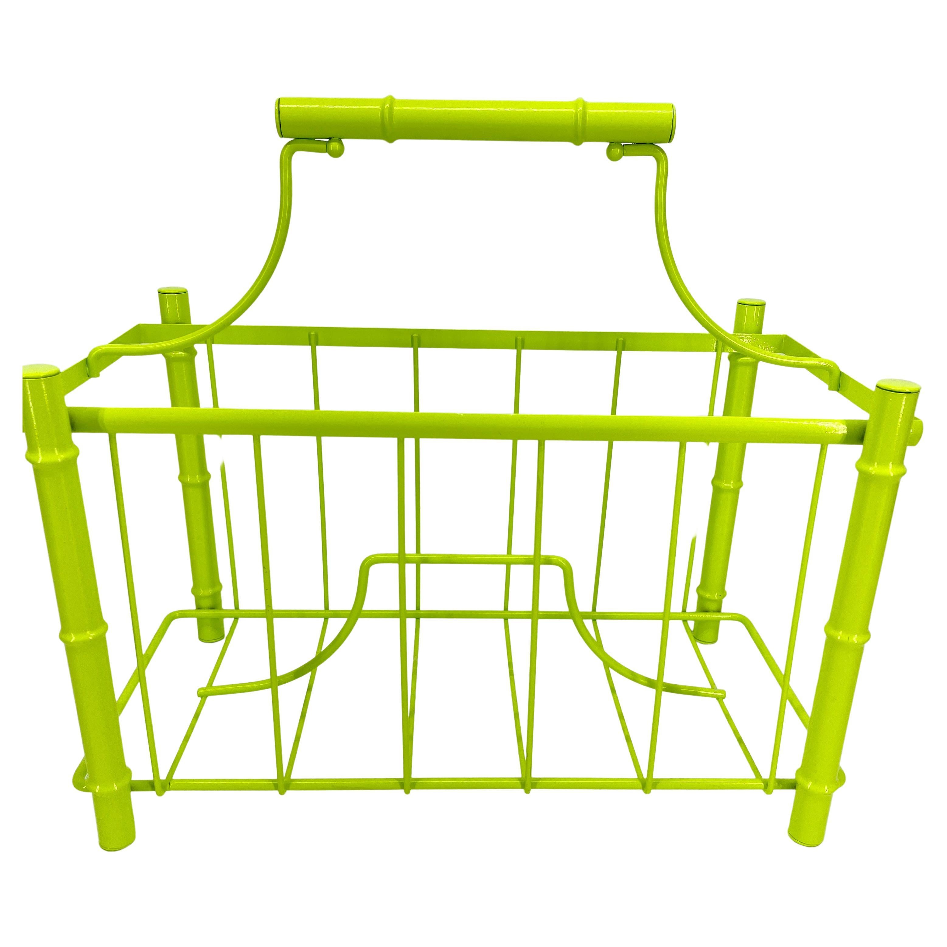 American Mid-Century Modern Faux Bamboo Magazine Rack, Powder Coated Bright Chartreuse For Sale