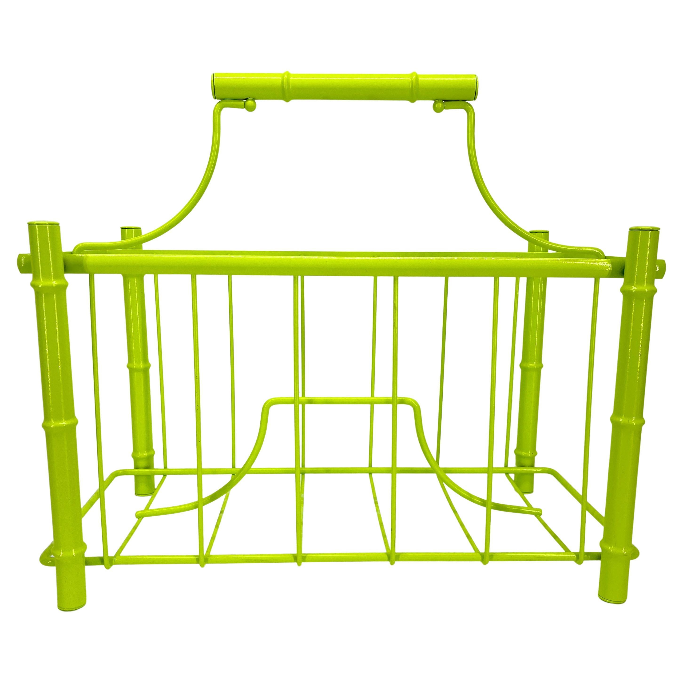 Powder-Coated Mid-Century Modern Faux Bamboo Magazine Rack, Powder Coated Bright Chartreuse For Sale