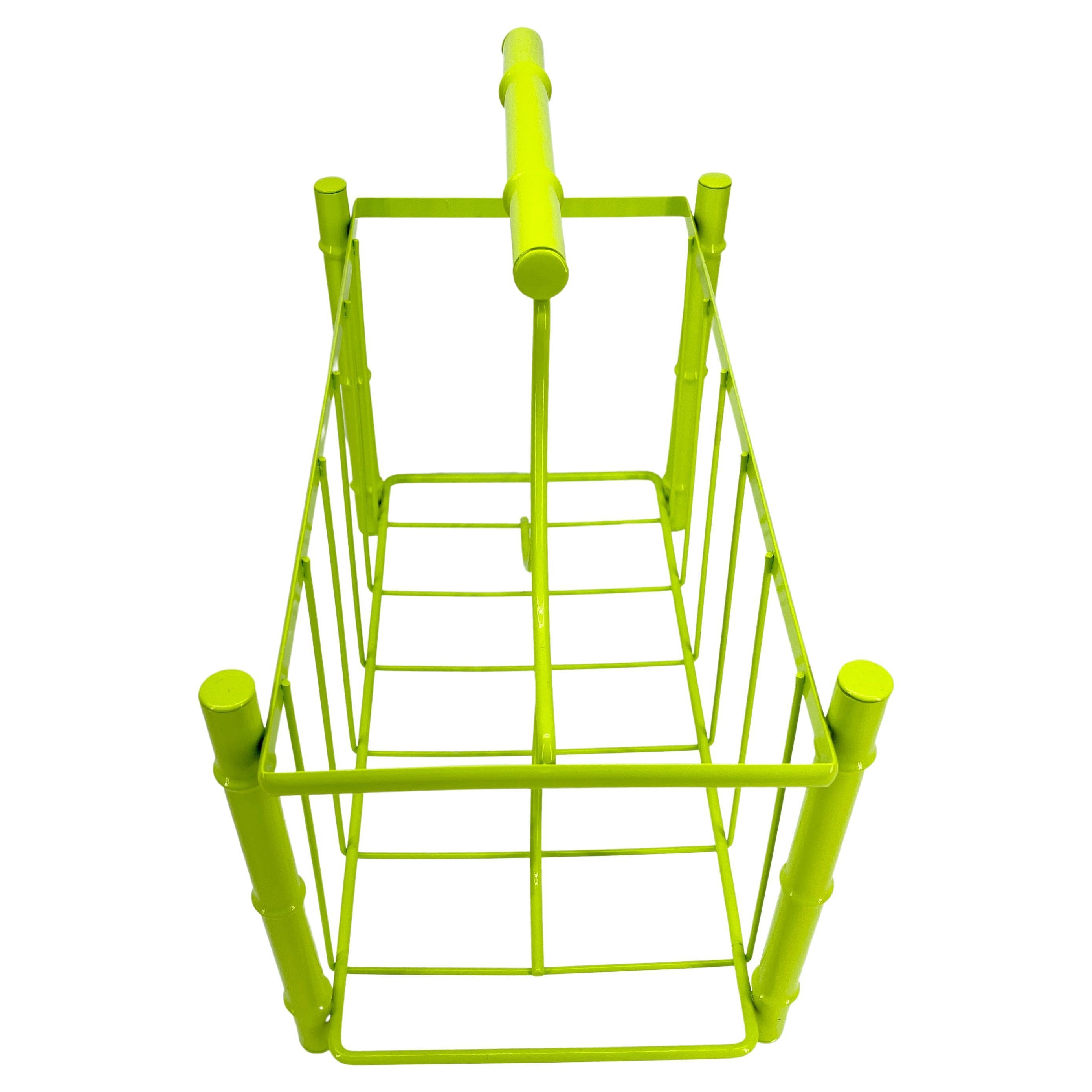 Late 20th Century Mid-Century Modern Faux Bamboo Magazine Rack, Powder Coated Bright Chartreuse For Sale