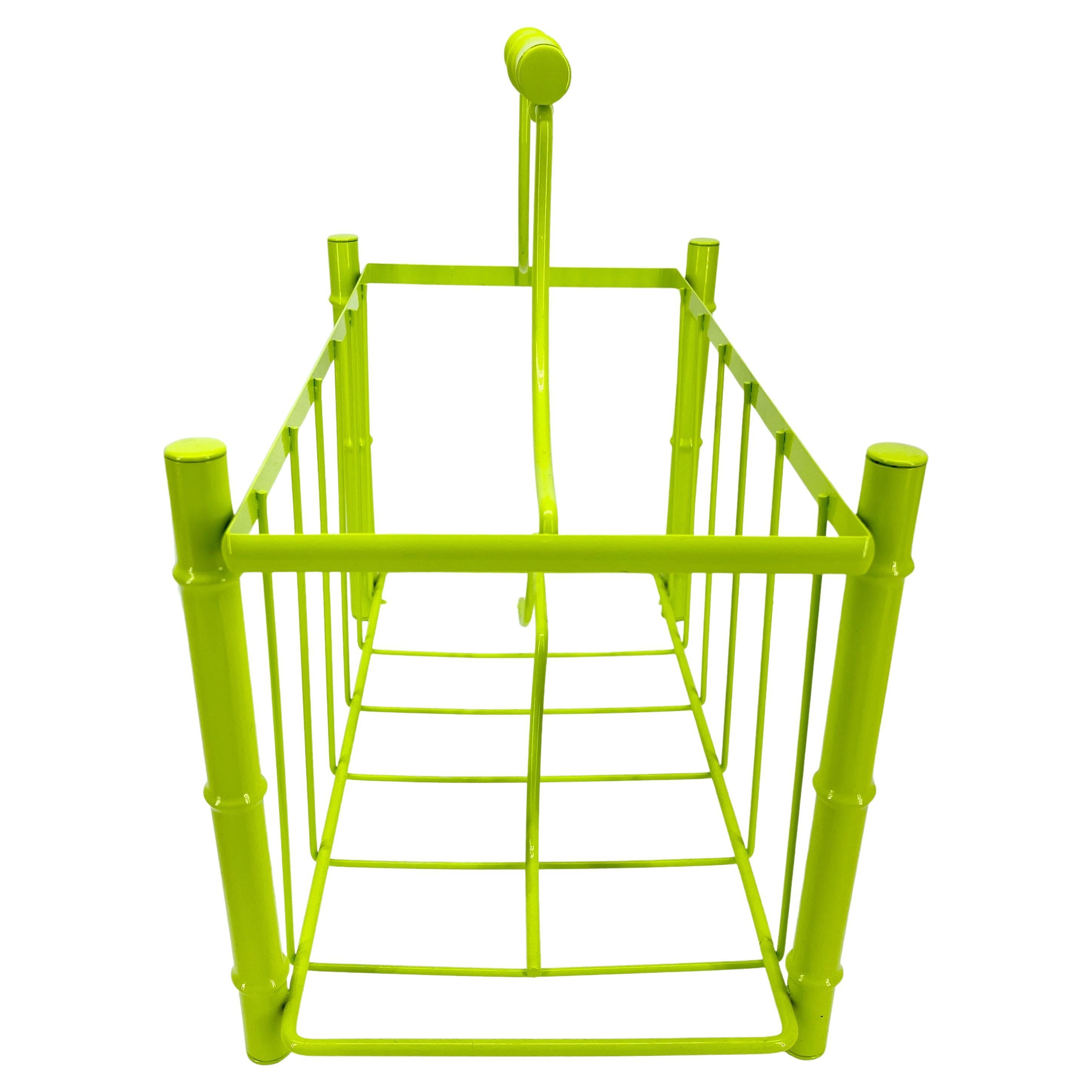 Metal Mid-Century Modern Faux Bamboo Magazine Rack, Powder Coated Bright Chartreuse For Sale
