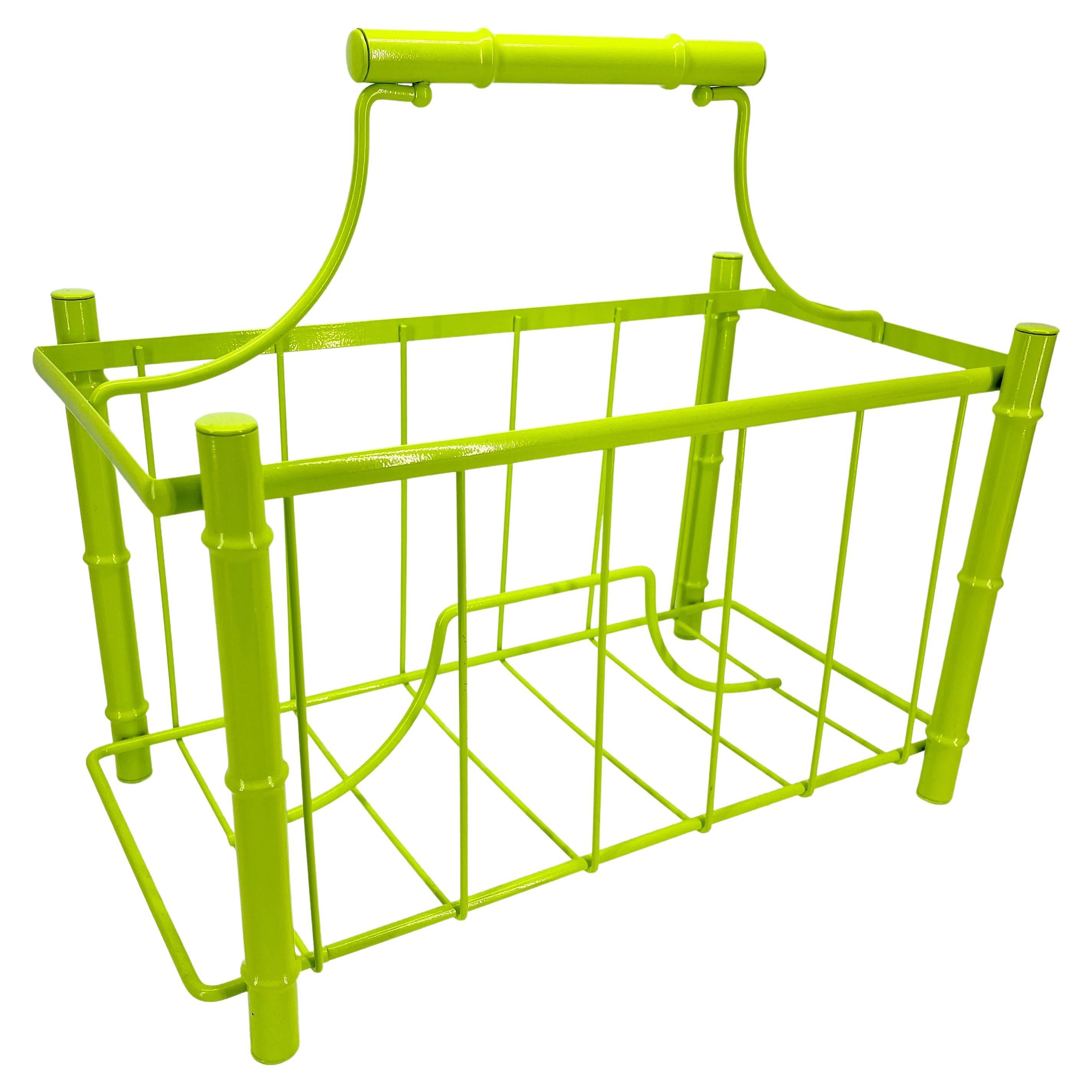 Mid-Century Modern Faux Bamboo Magazine Rack, Powder Coated Bright Chartreuse