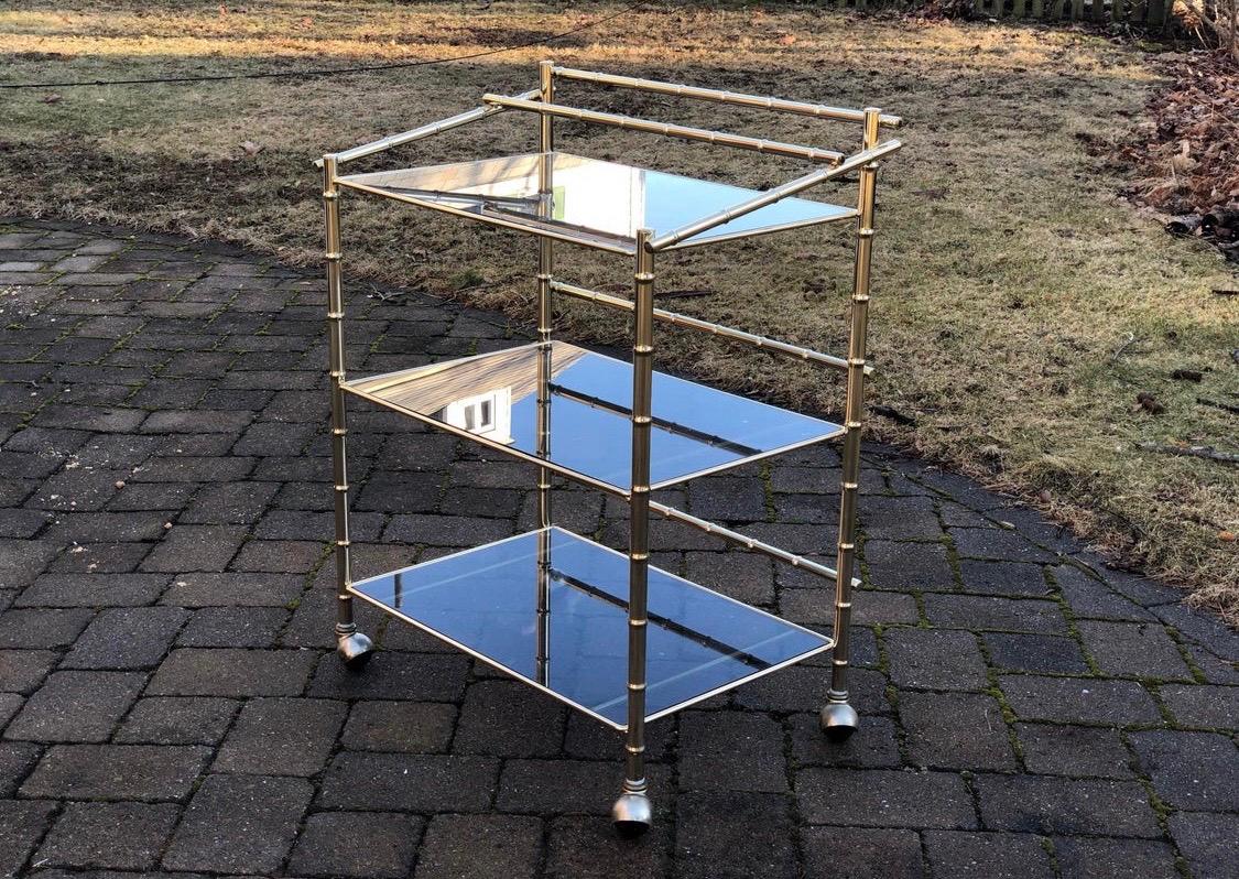 American Mid-Century Modern Faux Bamboo Rolling Bar Cart 3-Level Brass and Smoked Glass