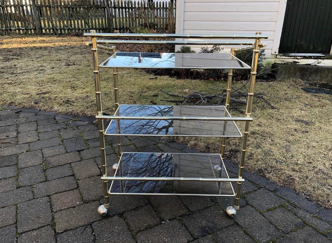 Mid-Century Modern Faux Bamboo Rolling Bar Cart 3-Level Brass and Smoked Glass In Good Condition In West Hartford, CT