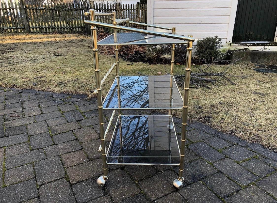 Late 20th Century Mid-Century Modern Faux Bamboo Rolling Bar Cart 3-Level Brass and Smoked Glass