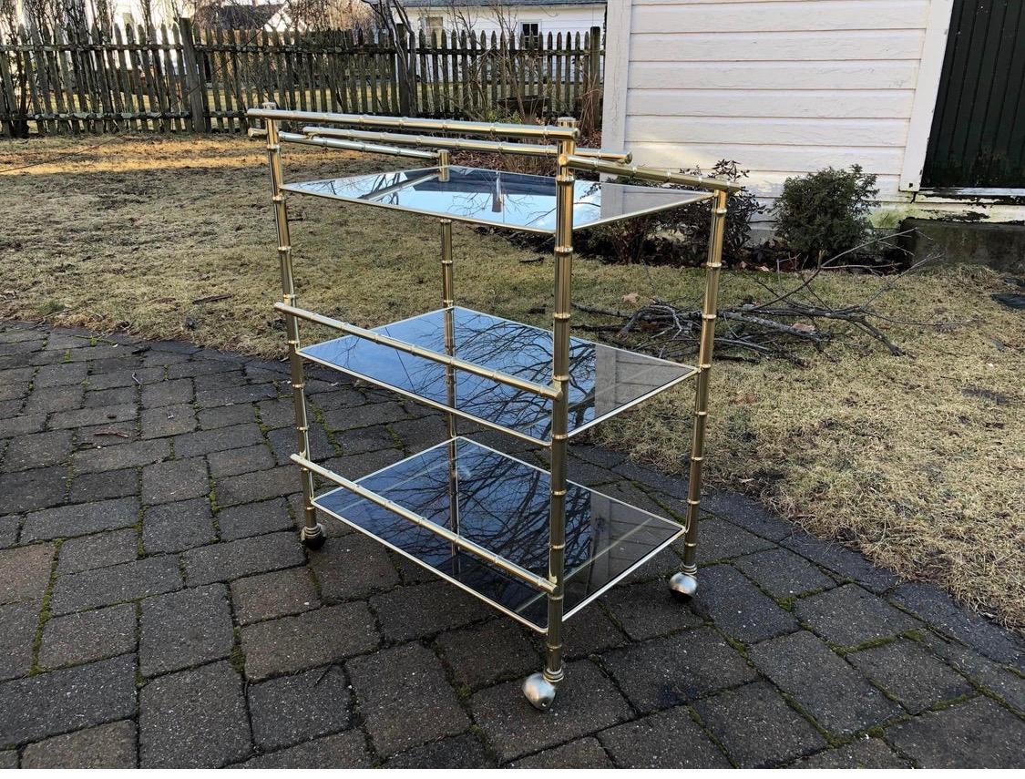 Mid-Century Modern Faux Bamboo Rolling Bar Cart 3-Level Brass and Smoked Glass 1