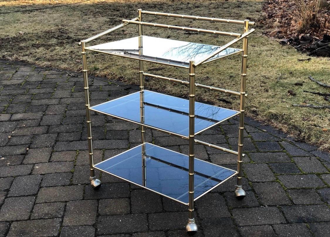 Mid-Century Modern Faux Bamboo Rolling Bar Cart 3-Level Brass and Smoked Glass 2