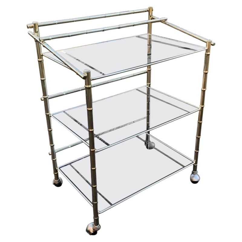 Mid-Century Modern Faux Bamboo Rolling Bar Cart 3-Level Brass and Smoked Glass