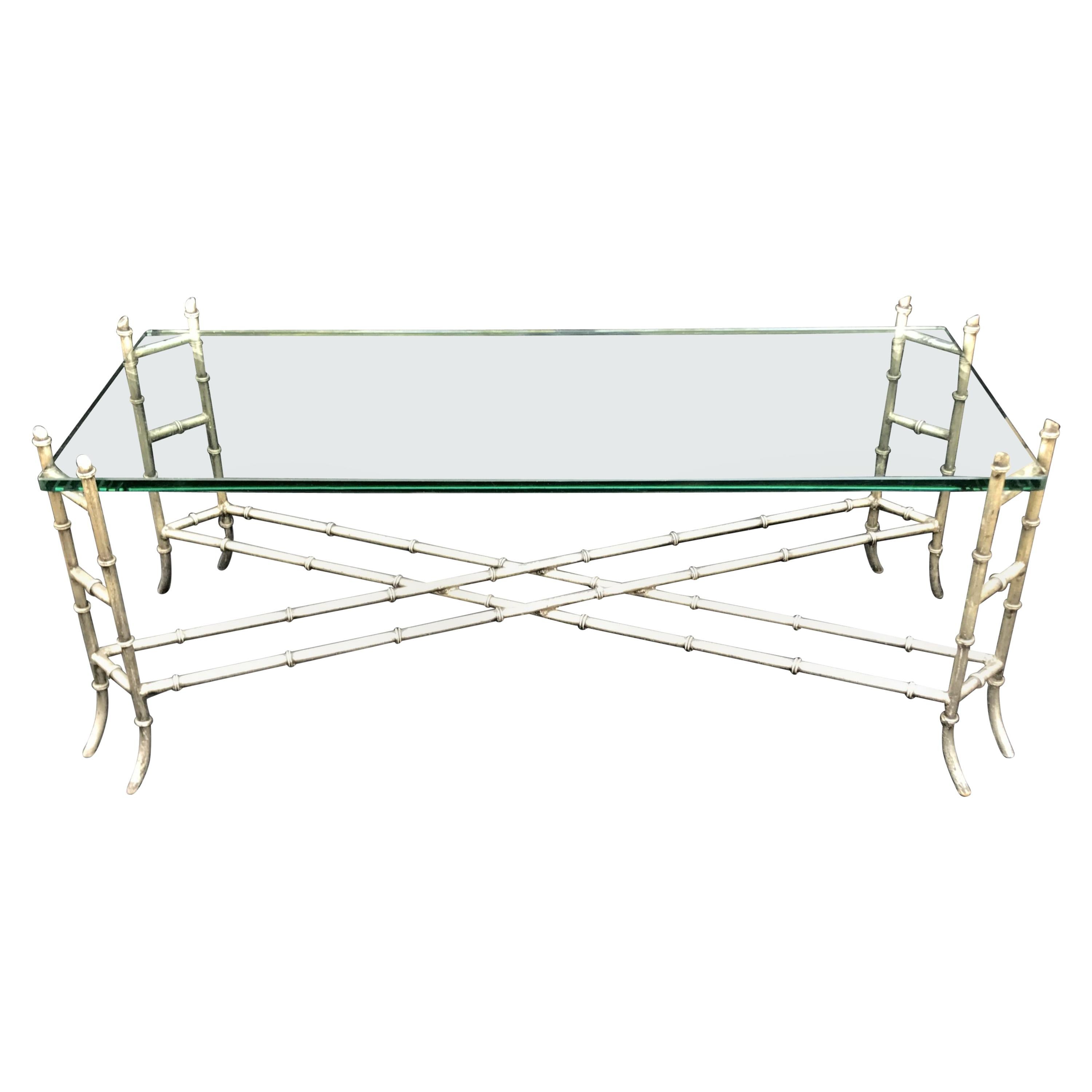 Mid-Century Modern Faux Bamboo Silver Gilt Iron Glass Coffee Cocktail Table For Sale