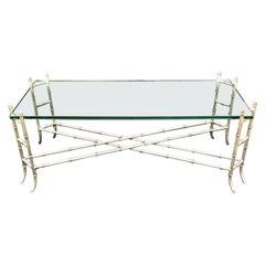 Vintage Mid-Century Modern Faux Bamboo Silver Gilt Iron Glass Coffee Cocktail Table