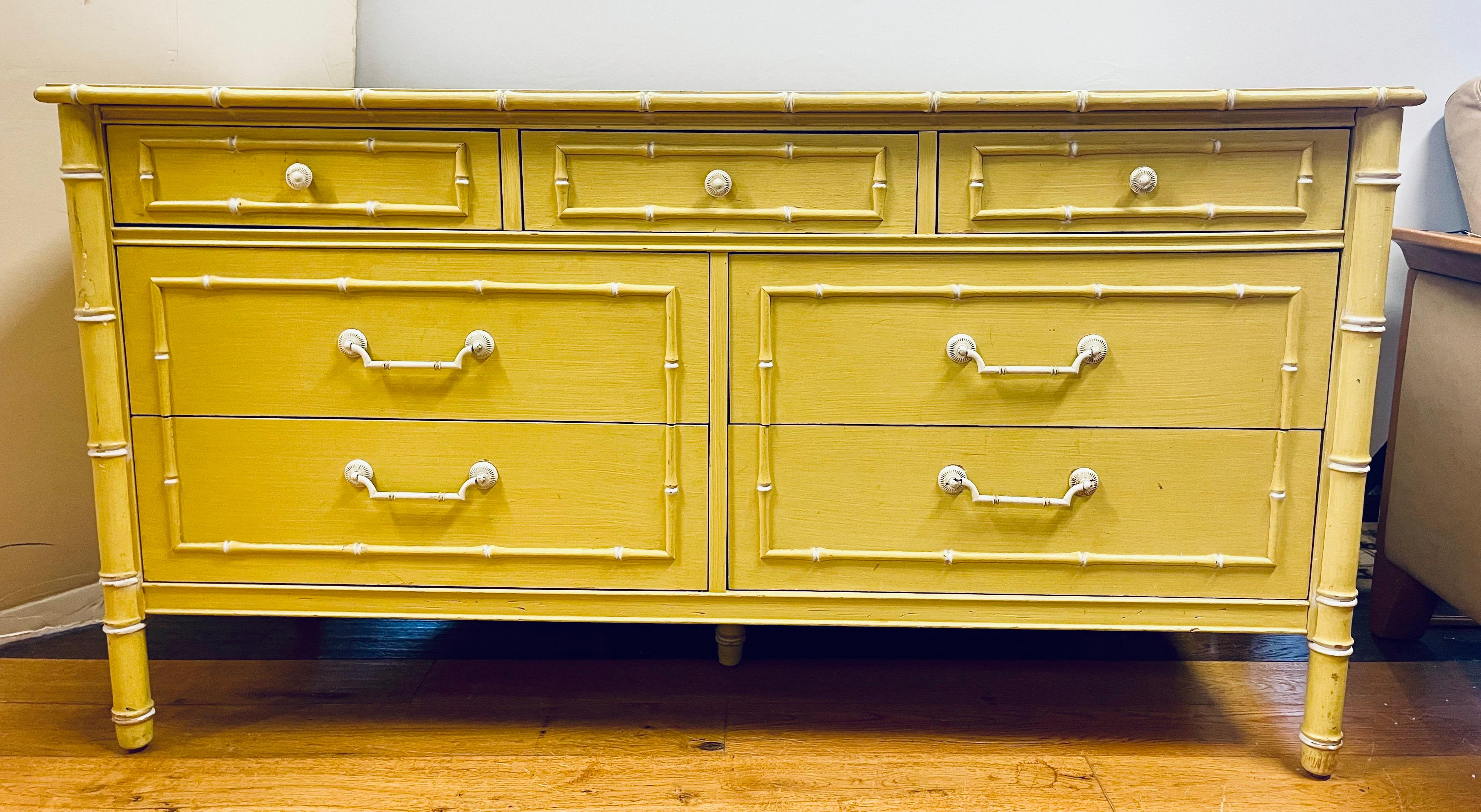 Rare and sought after yellow Thomasville's Allegro faux bamboo line from 1963 comes this seven drawer dresser with white laminate top.  Gorgeous!