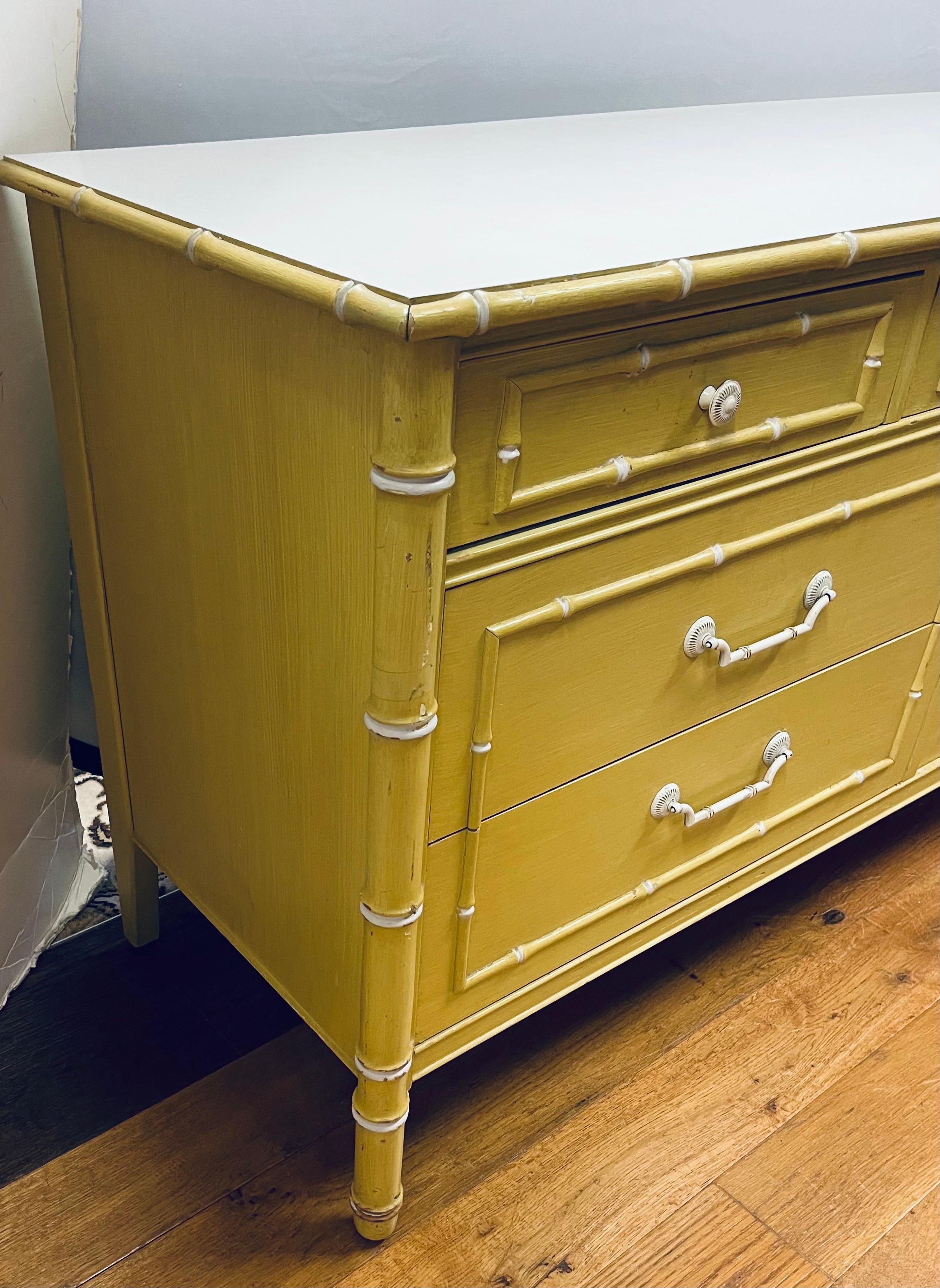 Laminate Mid Century Modern Faux Bamboo Thomasville Allegro Yellow 7-Drawer Dresser  For Sale