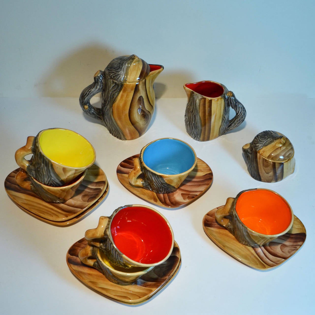 French Mid-Century Modern Faux Bois Studio Ceramic Tea Set, Grandjean Vallauris, France