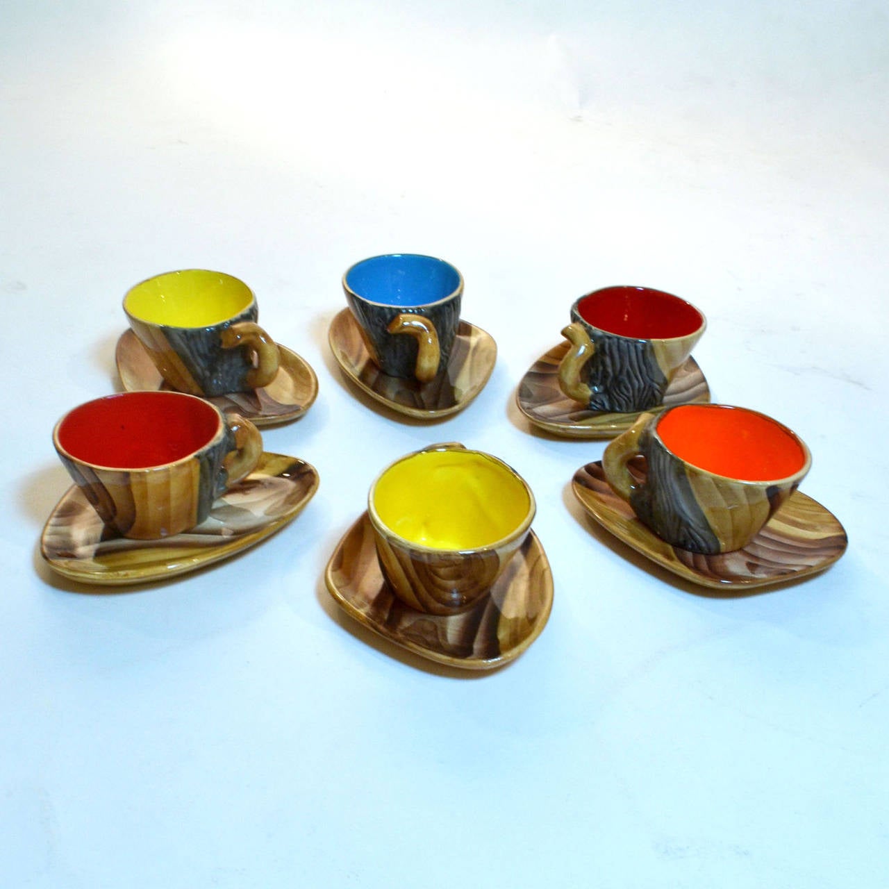 Hand-Crafted Mid-Century Modern Faux Bois Studio Ceramic Tea Set, Grandjean Vallauris, France