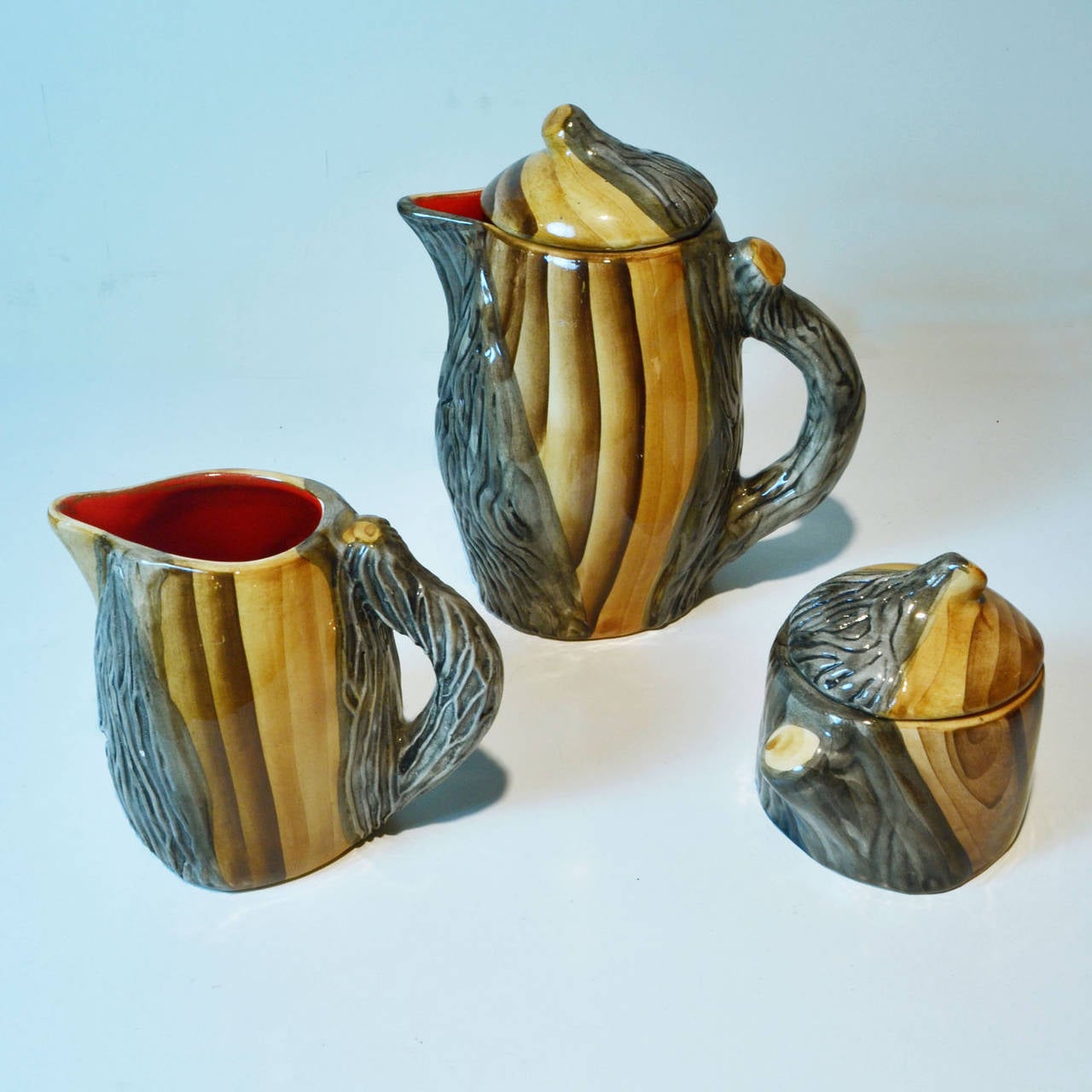 Mid-Century Modern Faux Bois Studio Ceramic Tea Set, Grandjean Vallauris, France 1