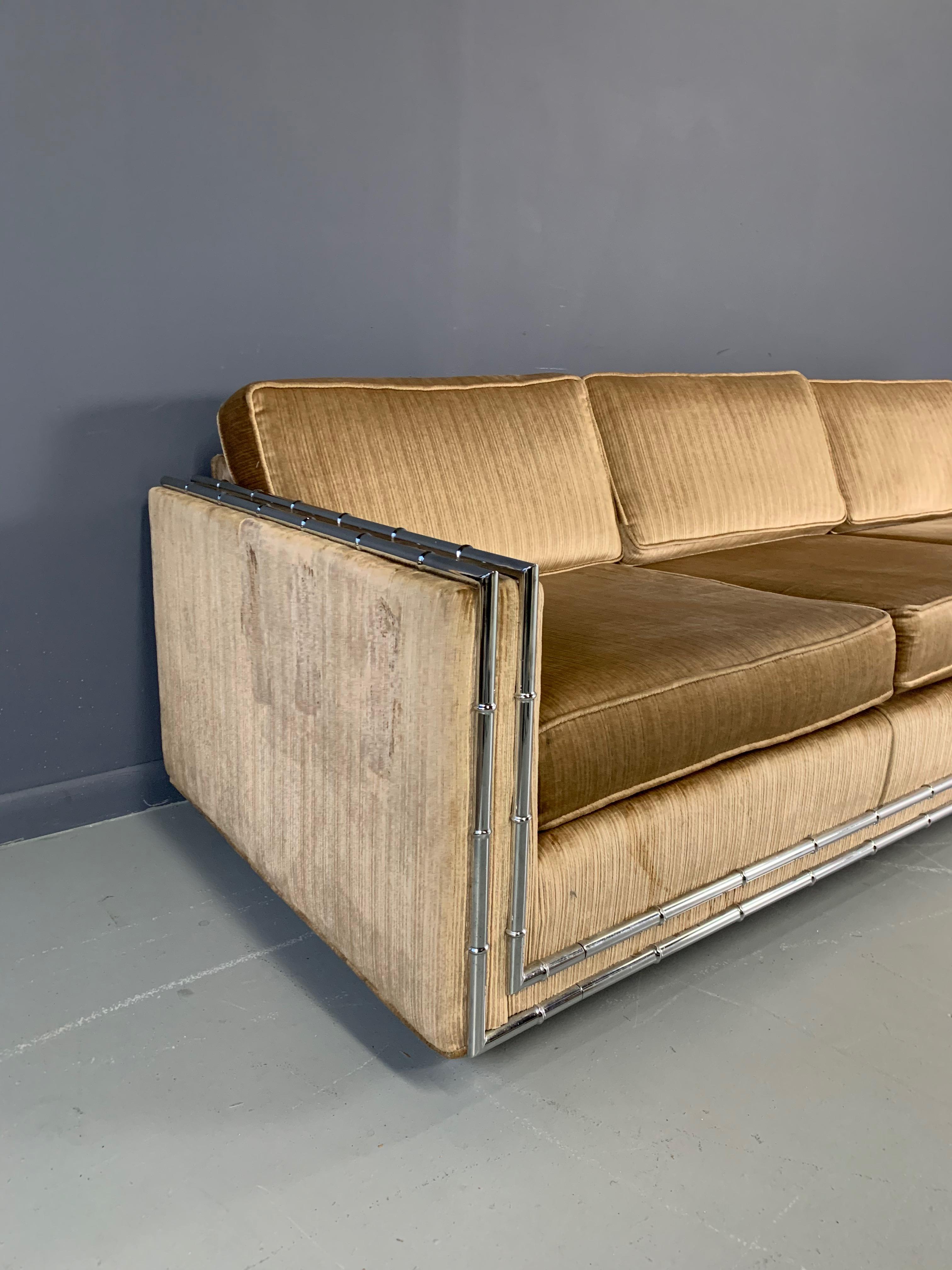 North American Mid-Century Modern Faux Chromed Bamboo Velvet Sofa