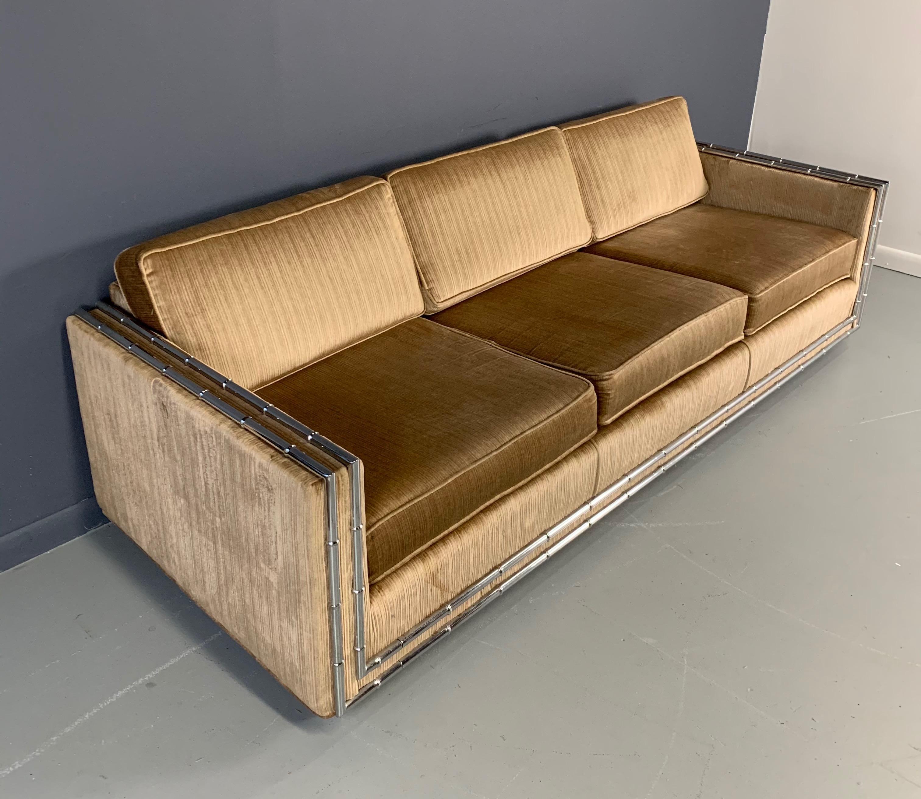 Mid-Century Modern Faux Chromed Bamboo Velvet Sofa In Good Condition In Philadelphia, PA