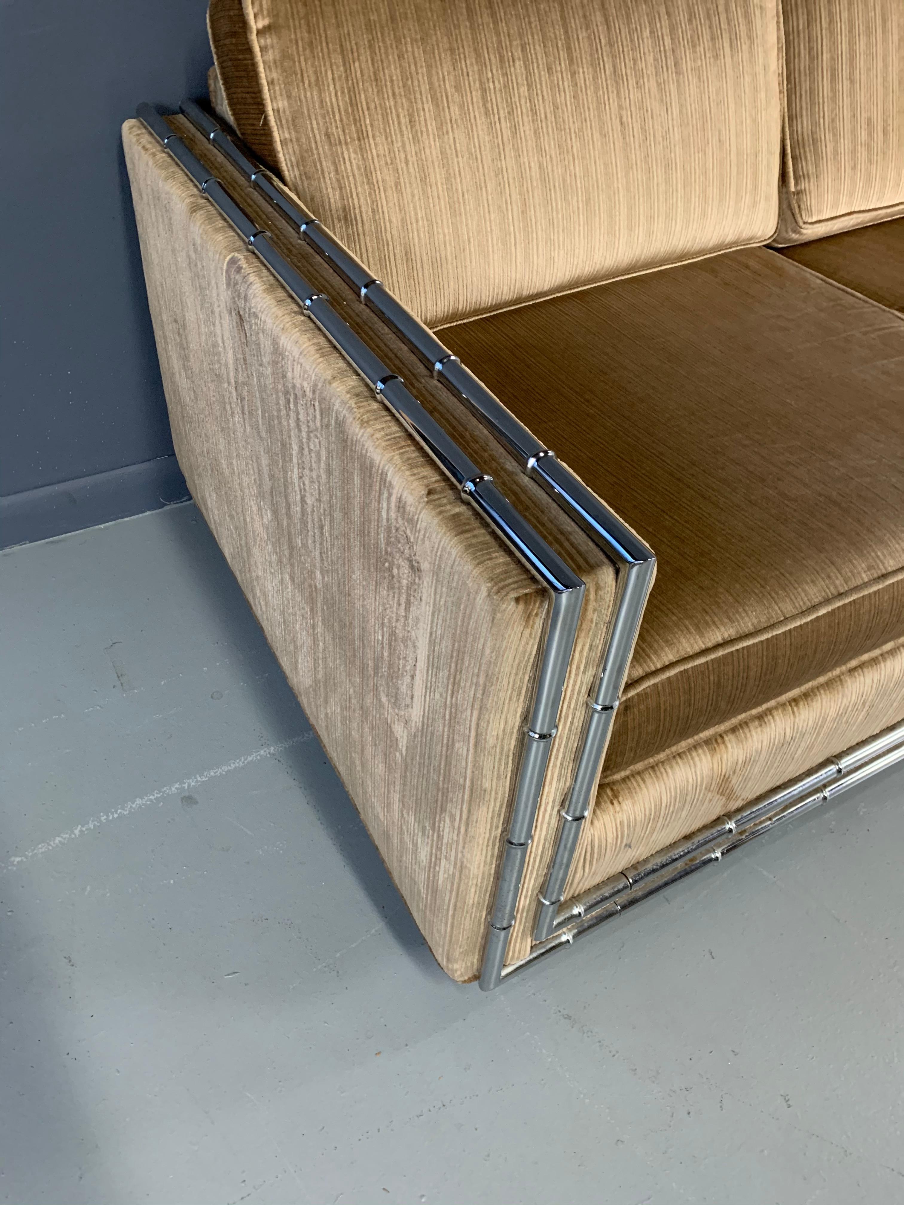 20th Century Mid-Century Modern Faux Chromed Bamboo Velvet Sofa