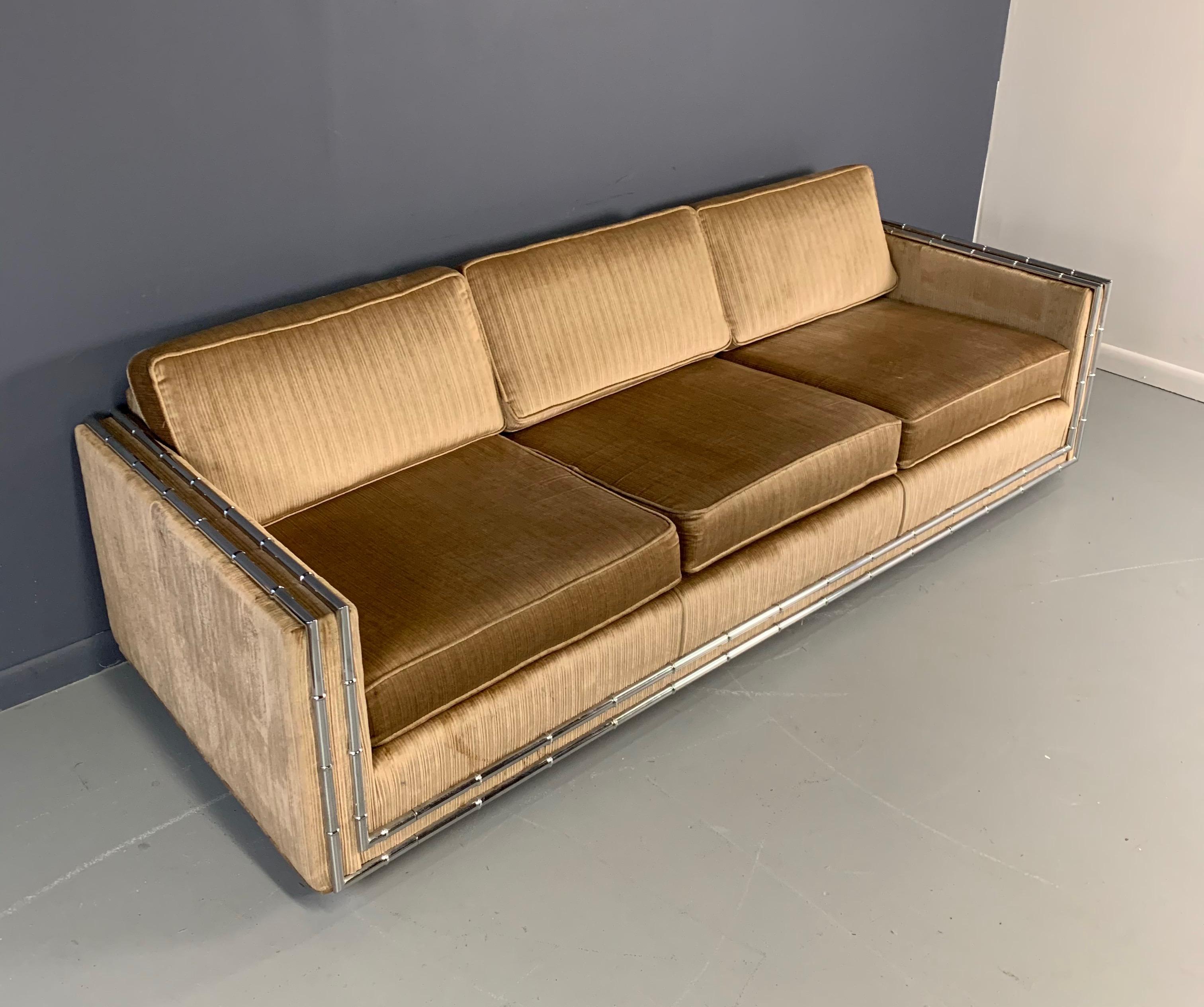 Mid-Century Modern Faux Chromed Bamboo Velvet Sofa 2