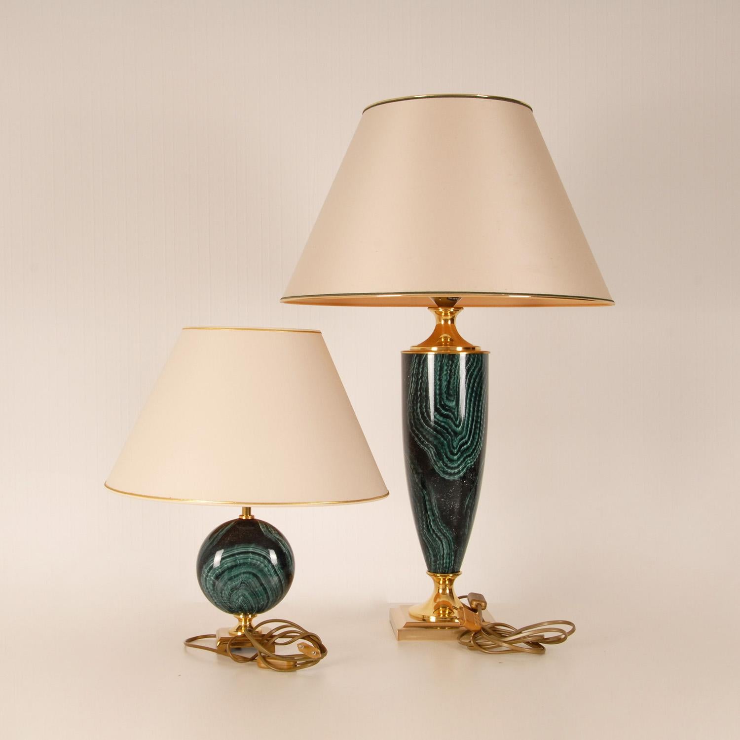 Mid-Century Modern Mid Century Modern Faux Green Malachite and Gold Brass Buffet Lamps Table Lamps  For Sale