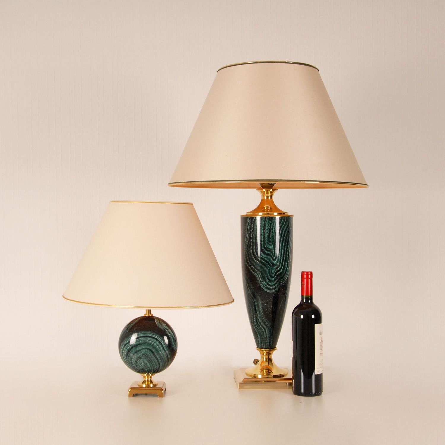 French Mid Century Modern Faux Green Malachite and Gold Brass Buffet Lamps Table Lamps  For Sale
