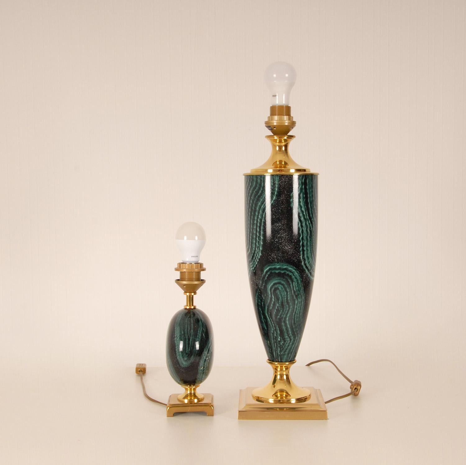 Gold Plate Mid Century Modern Faux Green Malachite and Gold Brass Buffet Lamps Table Lamps  For Sale