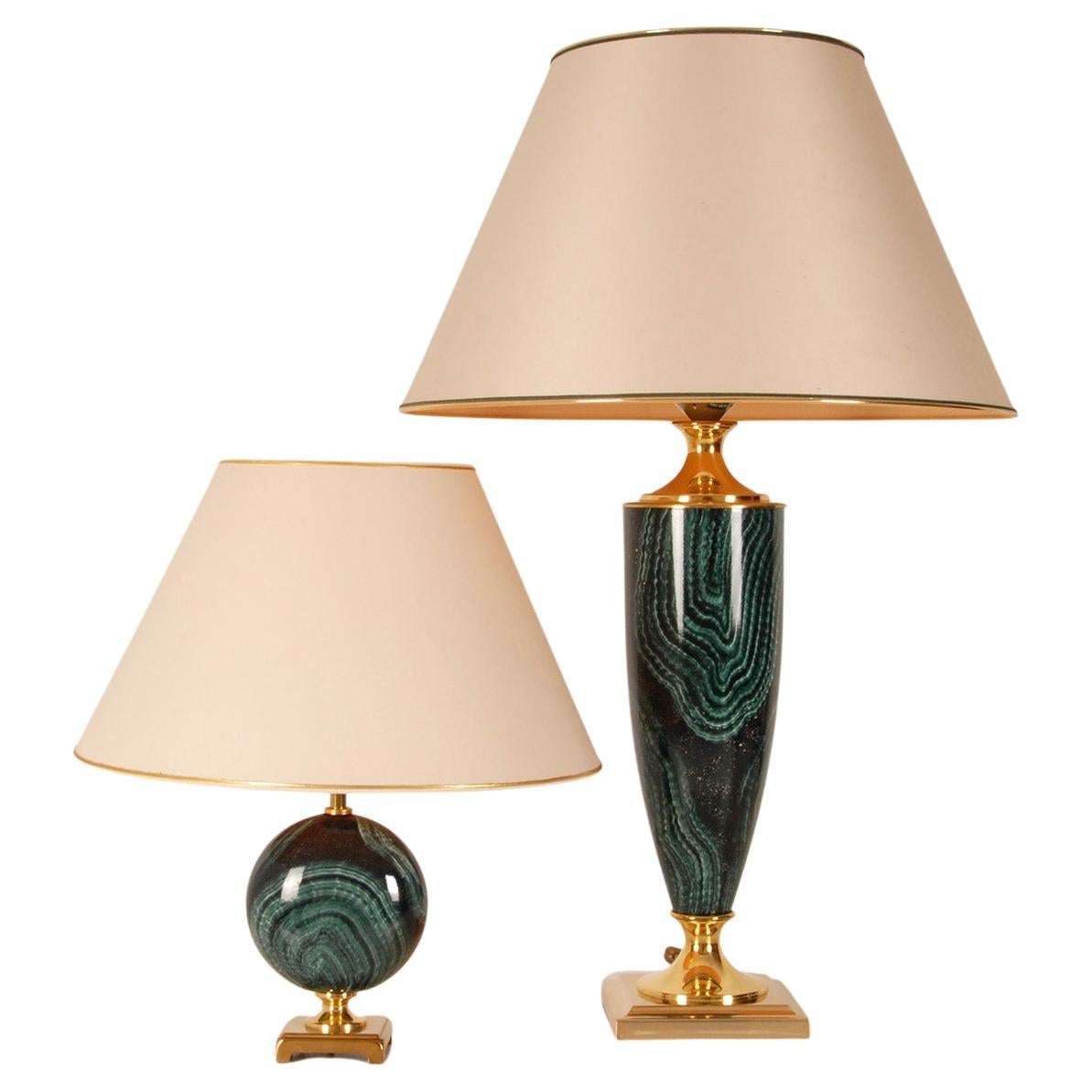 Two faux Malachite & gold gilded table lamps
Made of brass and coated metal
Design: In the manner of Maison Charles, Maison Jansen and Bagues.
Style: Mid Century Modern, Vintage, Retro, Hollywood Regency
Origin France, 70s
Good used condition, light