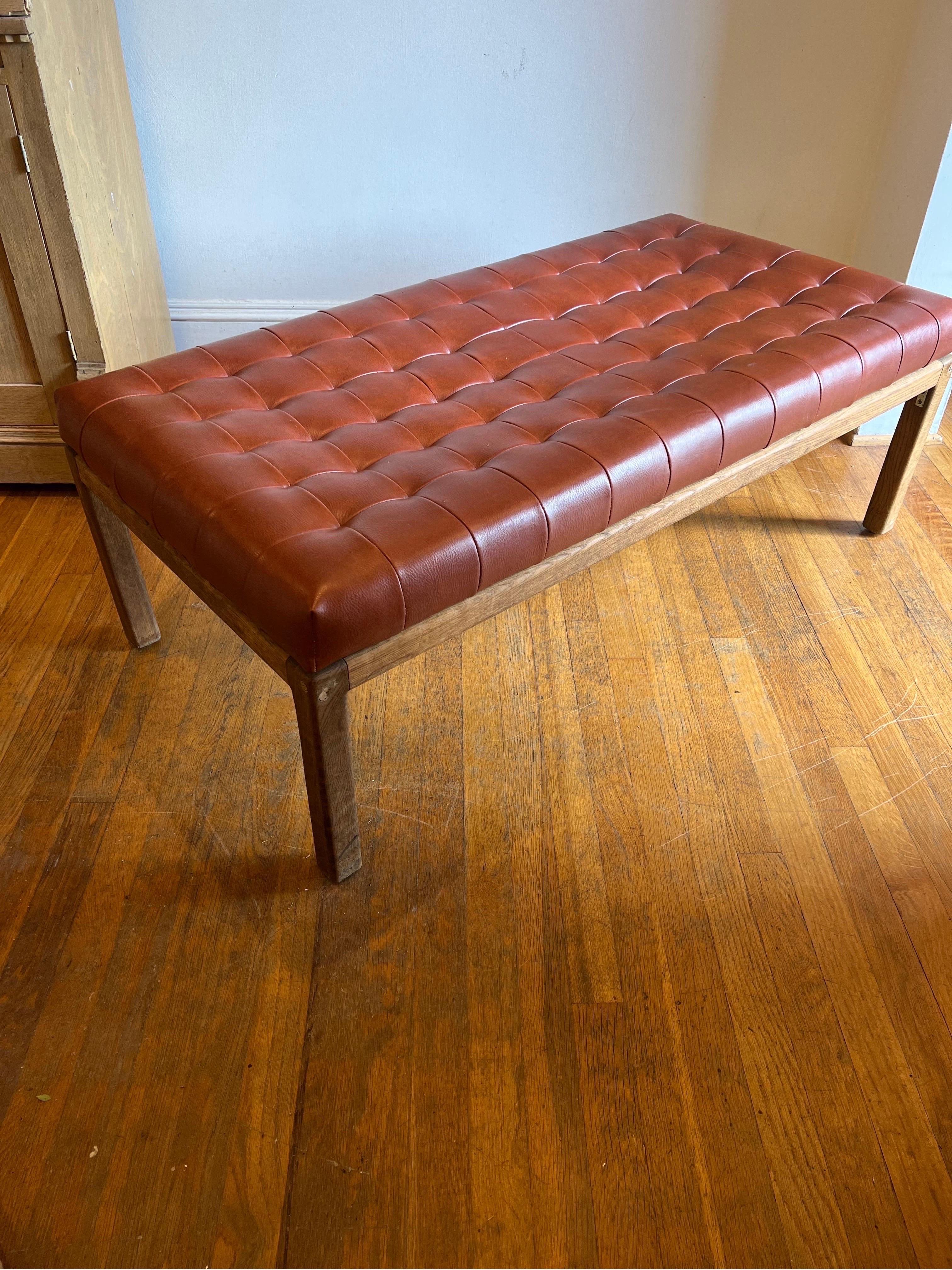Mid Century Modern Faux Leather/Vinyl Ottoman Bench with Teak Base In Good Condition For Sale In Los Angeles, CA