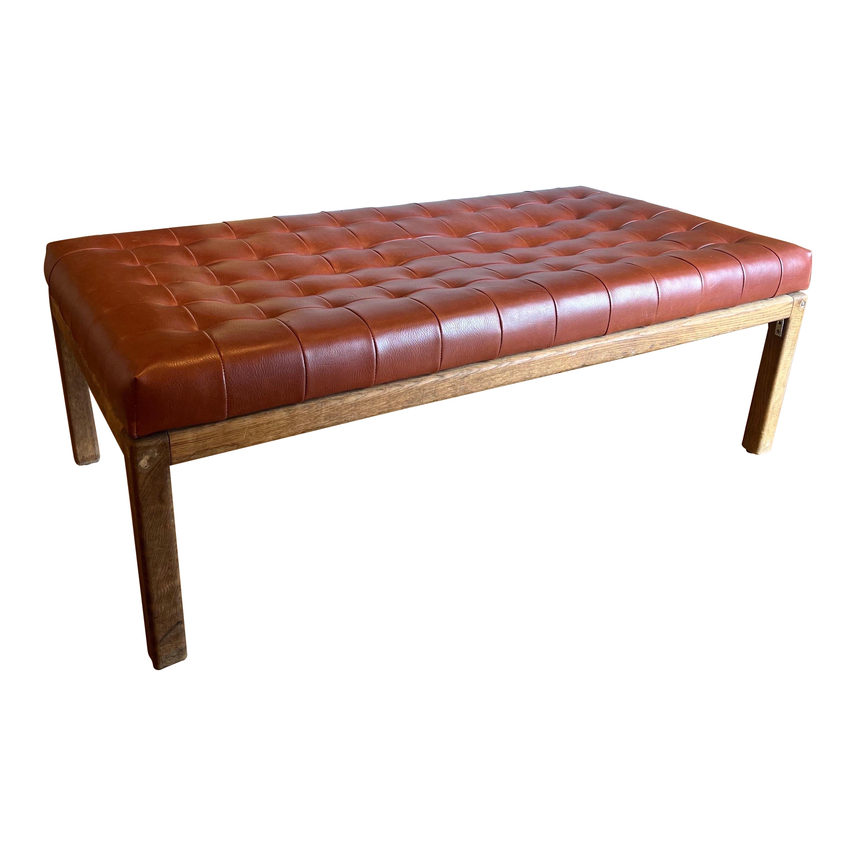 Mid Century Modern Faux Leather/Vinyl Ottoman Bench with Teak Base