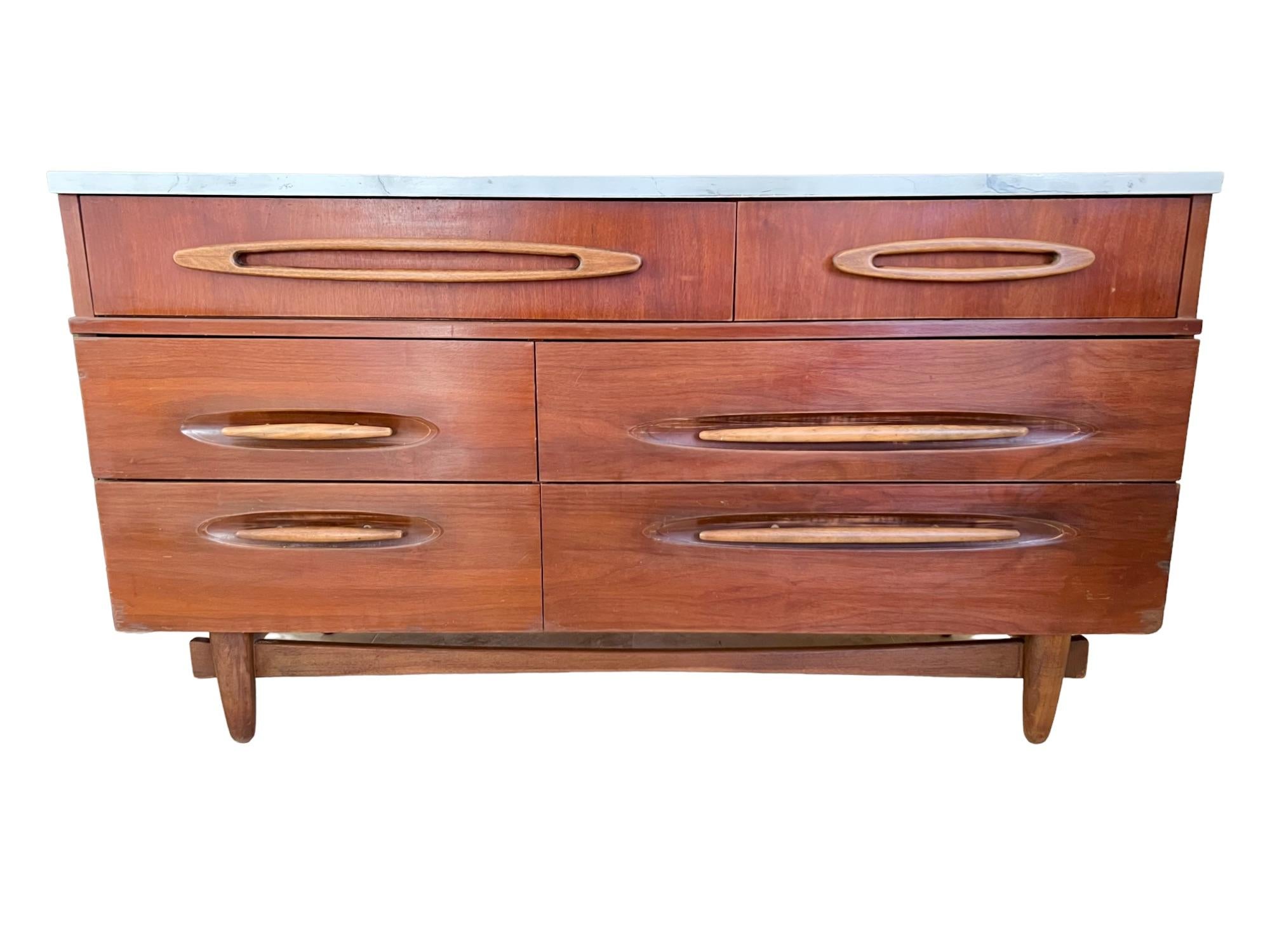American Mid-Century Modern Hand Painted Faux Marble Walnut Dresser For Sale