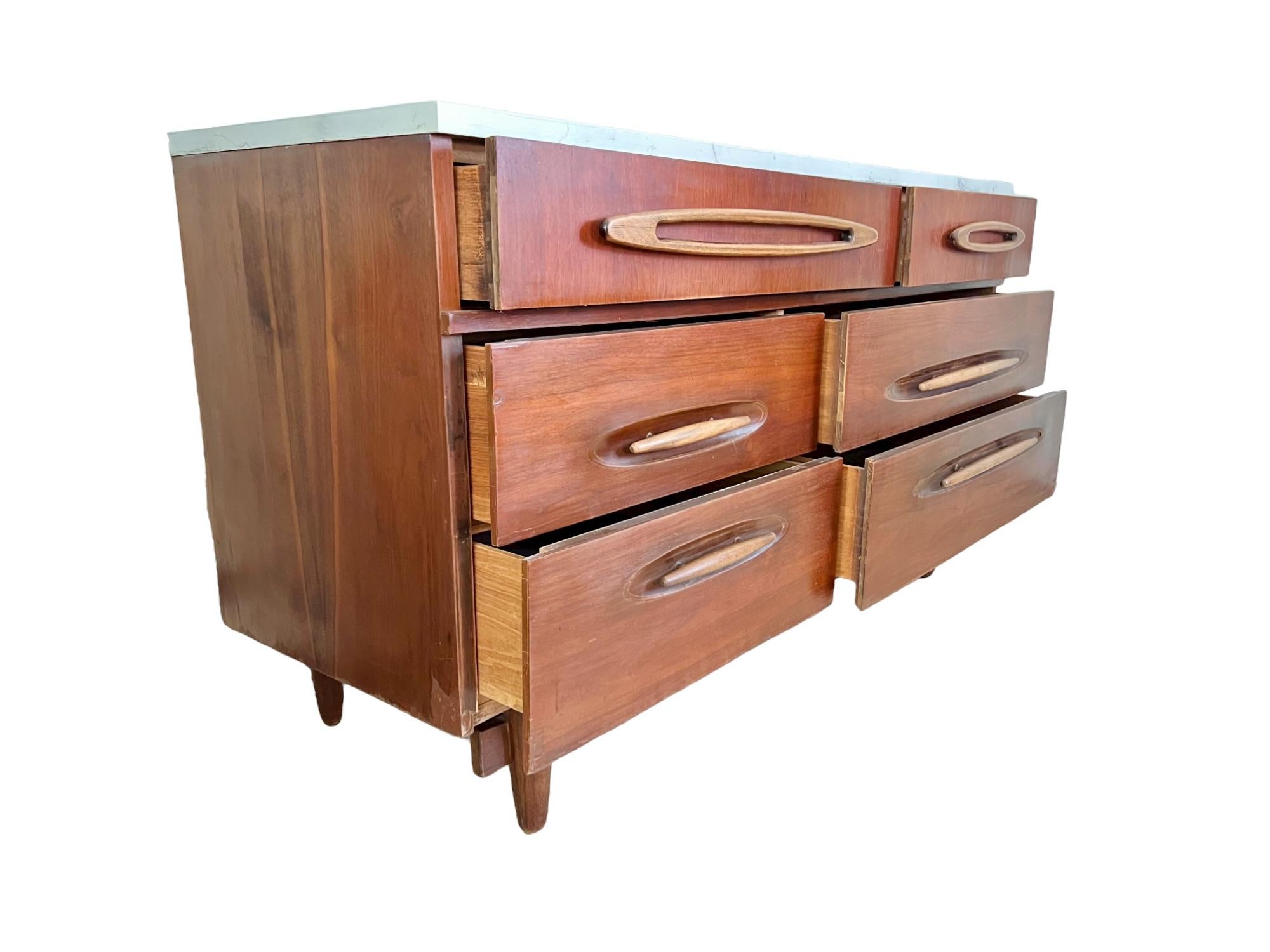 Hand-Painted Mid-Century Modern Hand Painted Faux Marble Walnut Dresser For Sale