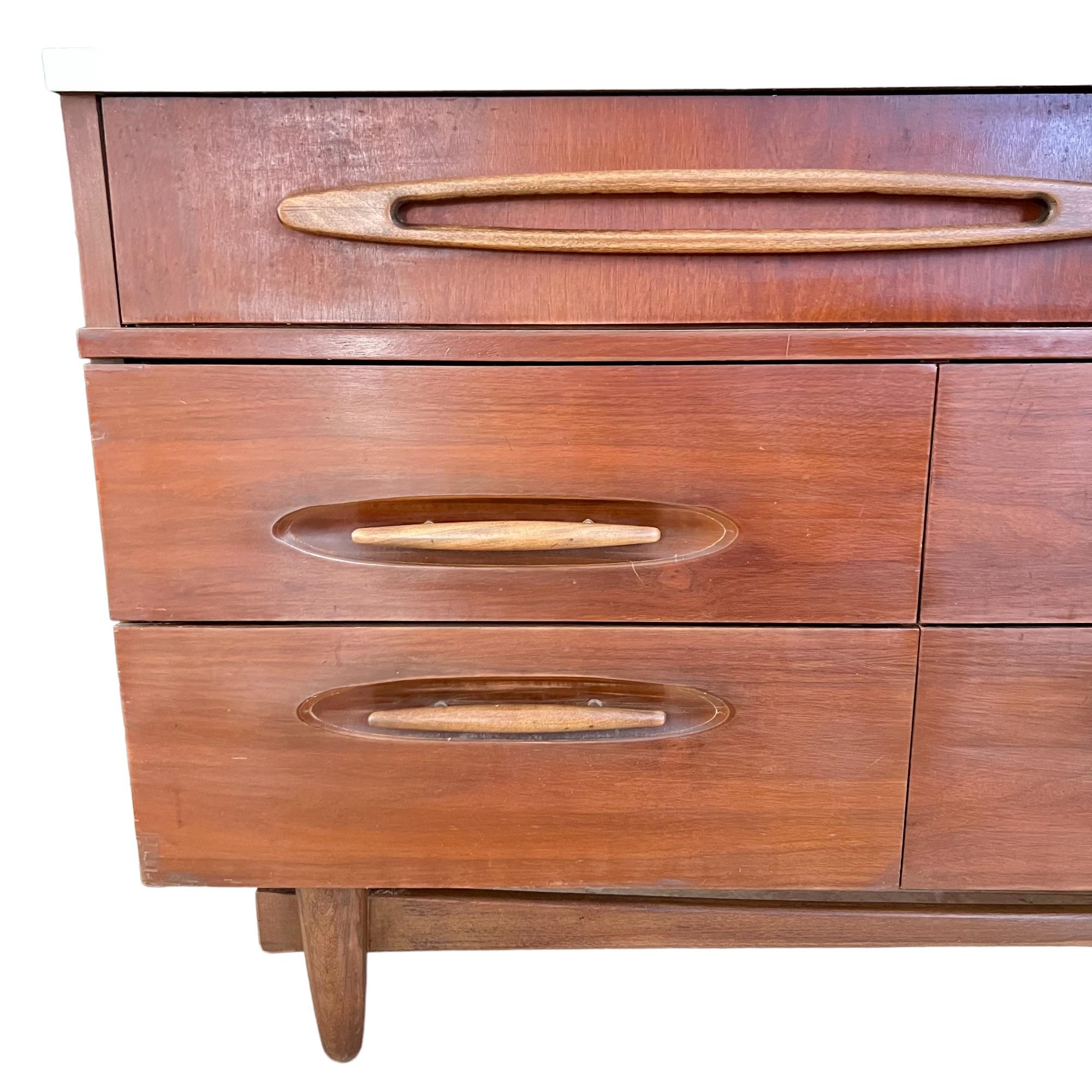 20th Century Mid-Century Modern Hand Painted Faux Marble Walnut Dresser For Sale