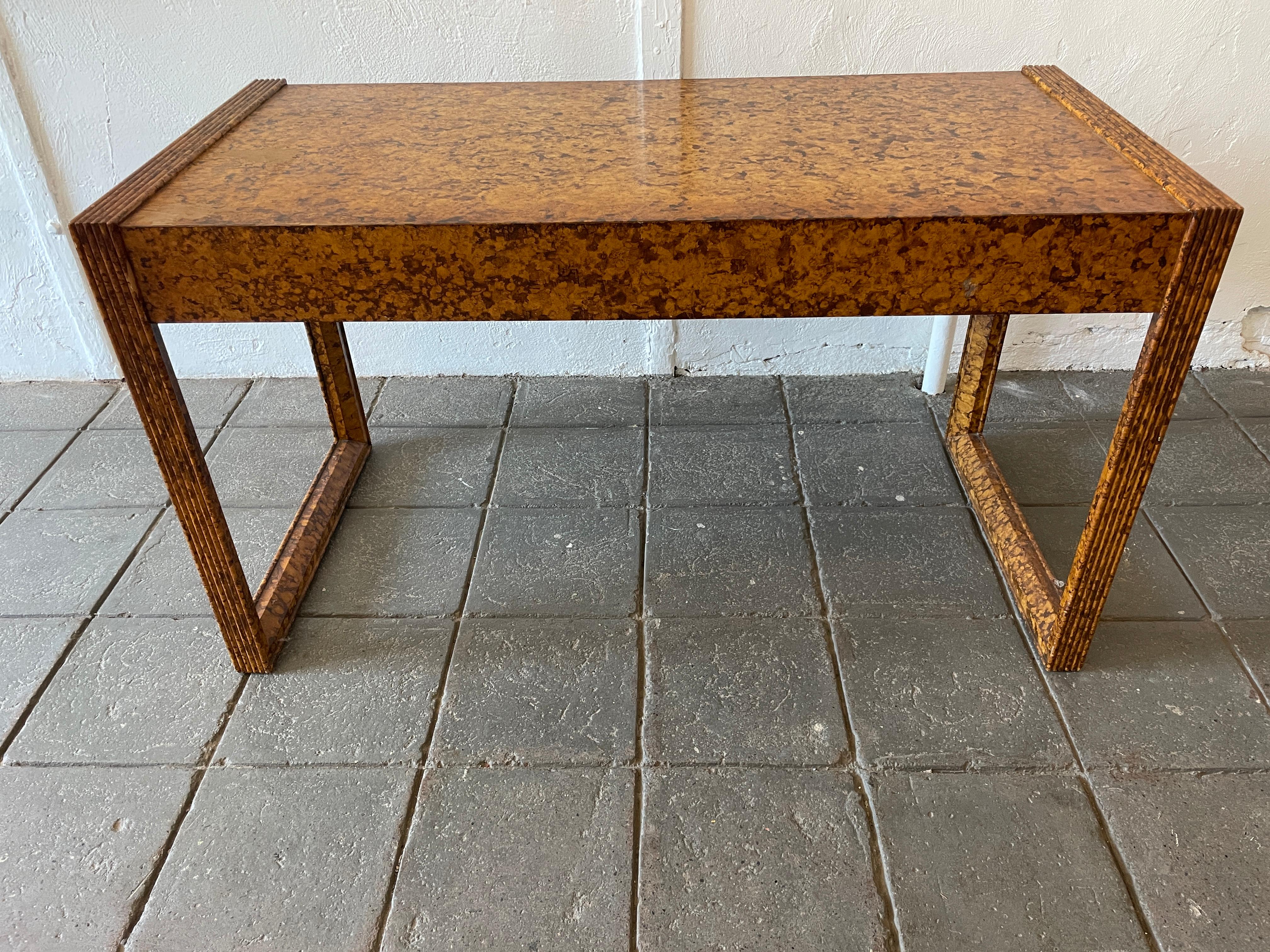 Mid-Century Modern faux painted burl 3 drawer solid oak desk. Beautiful 3 drawer desk all solid oak drawers. Great Design - Style of Milo Baughman circa 1970. Located in Brooklyn NYC. 

Measures 54
