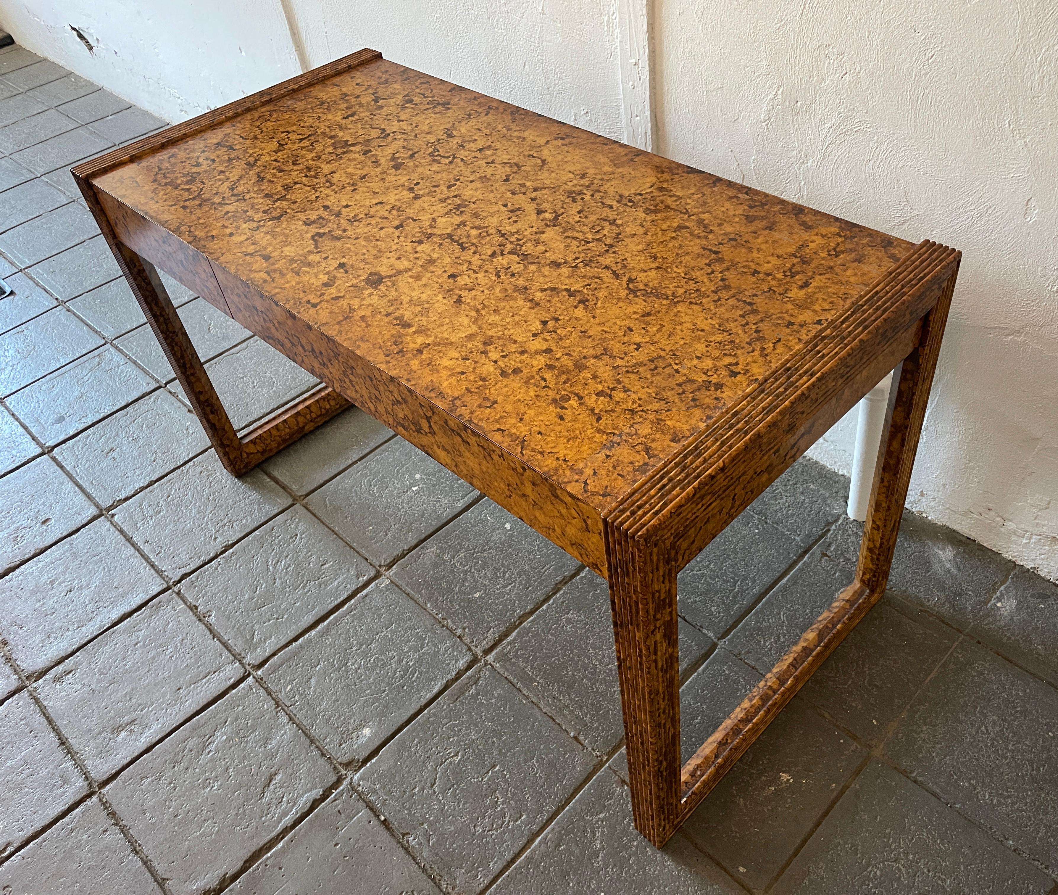 Woodwork Mid-Century Modern Faux Painted Burl 3 Drawer Solid Oak Desk  For Sale