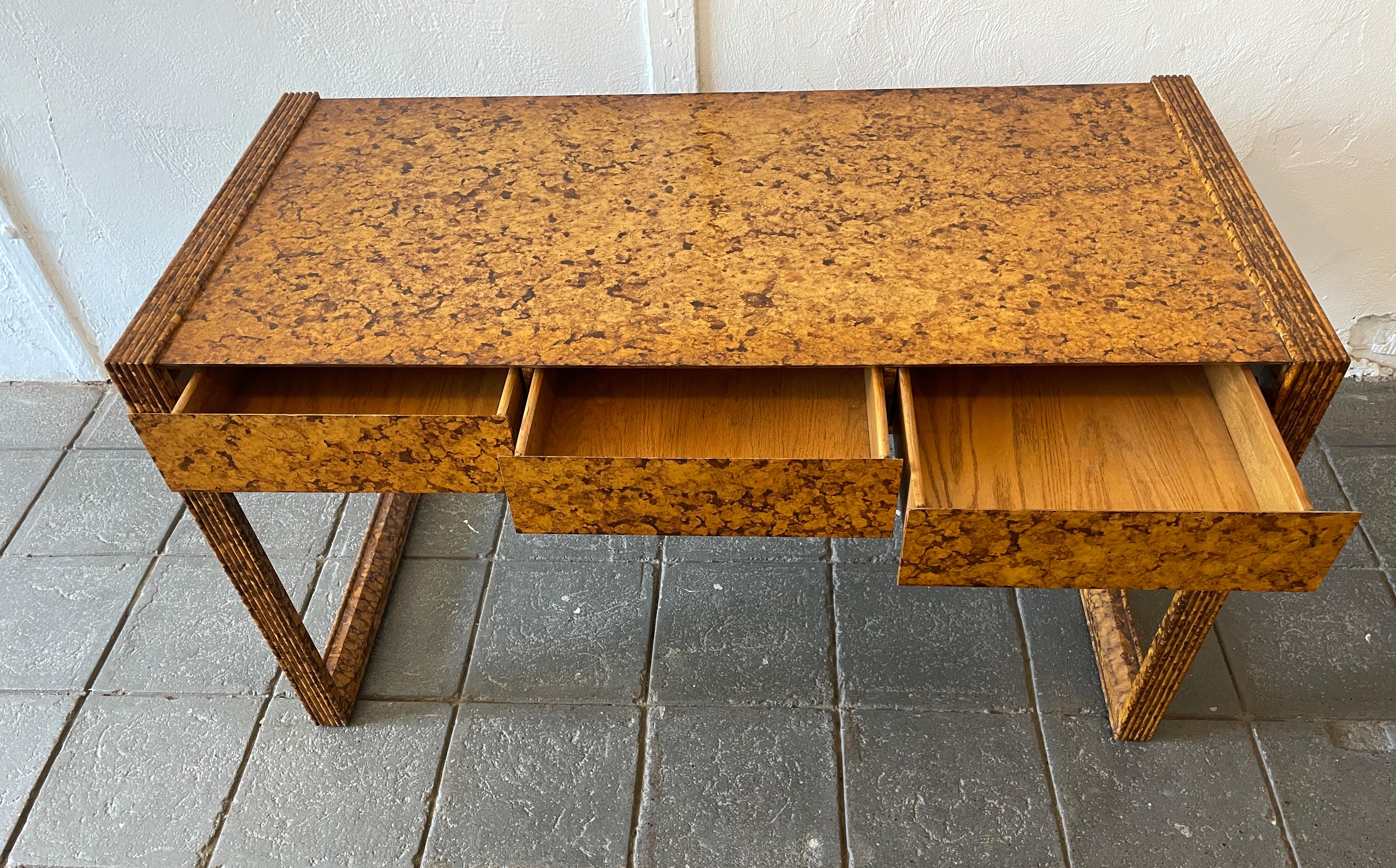 Mid-Century Modern Faux Painted Burl 3 Drawer Solid Oak Desk  In Good Condition For Sale In BROOKLYN, NY