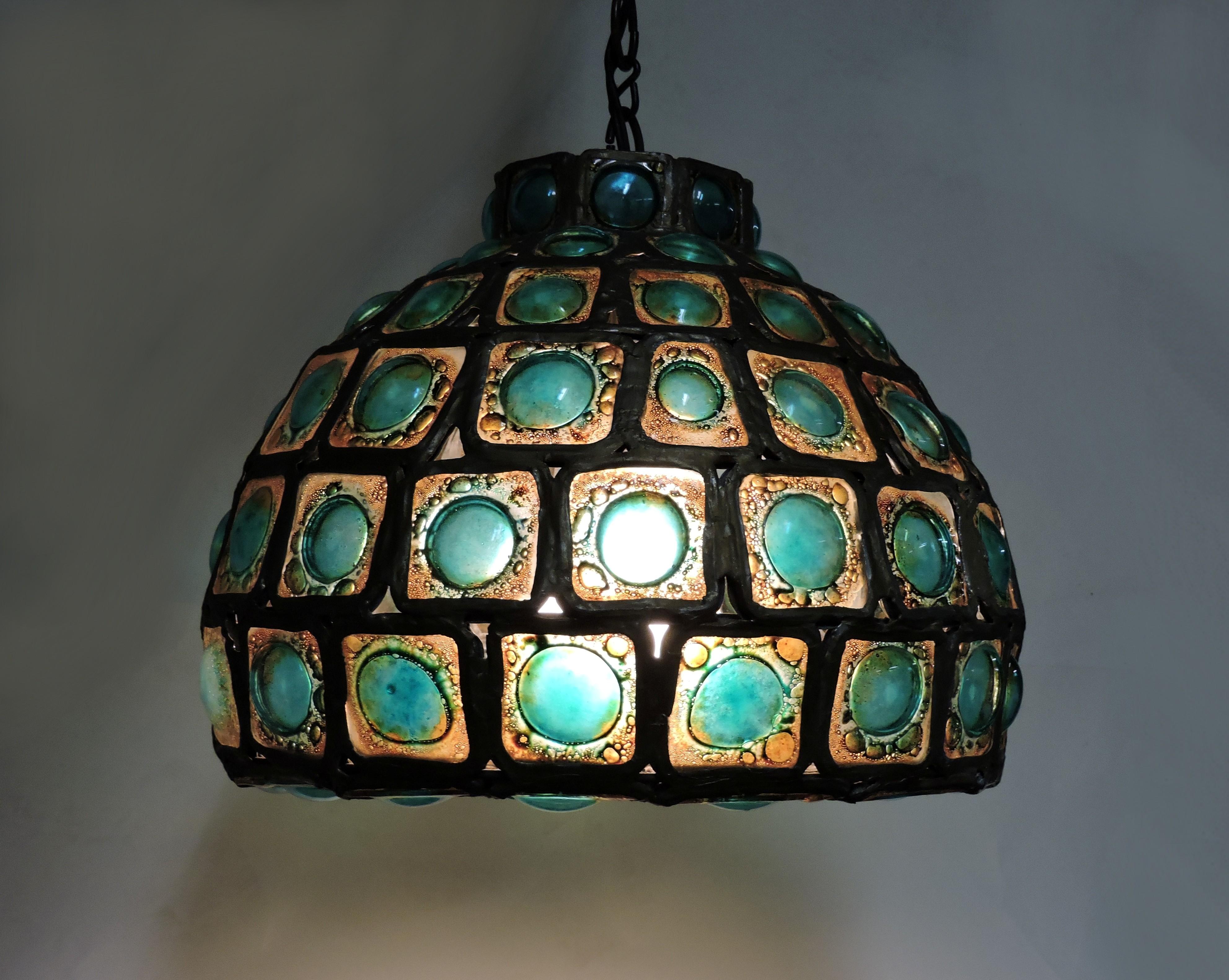 Mid-Century Modern Lampe pendante en verre d'art brut Felipe Derflingher:: moderne du milieu du siècle Feders