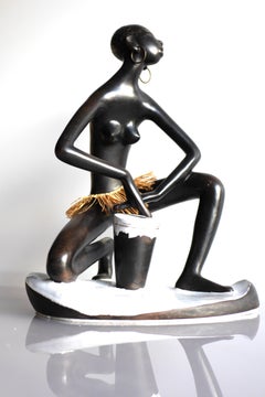 Mid-century modern female stoneware statue by Leopold Anzengruber, Austria.