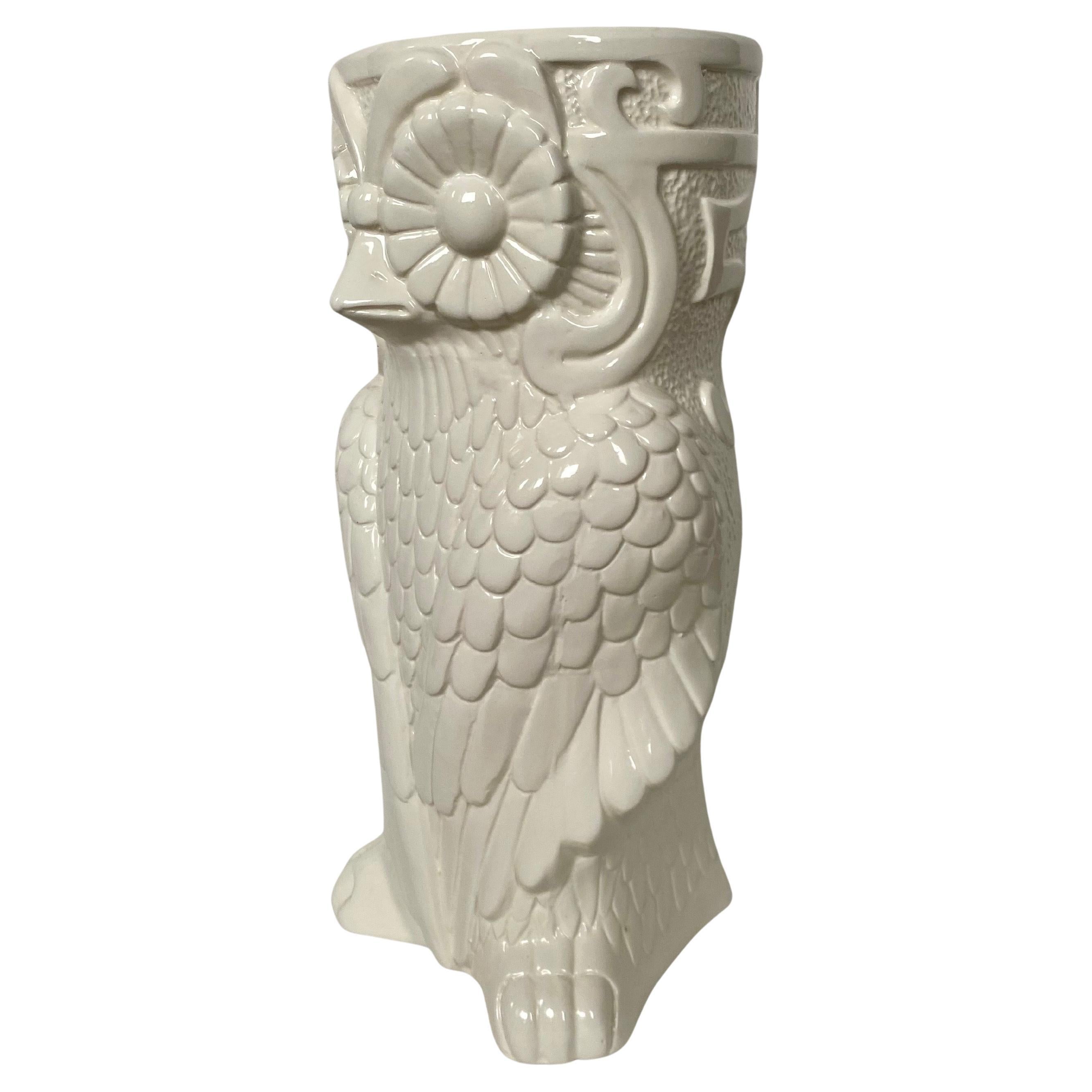 Mid Century large white glazed ceramic figural owl umbrella stand.  This large sculptural object would also make a fabulous vase or vessel for holding floral stems or budding branches.  A fabulous statement piece that can be displayed on the floor